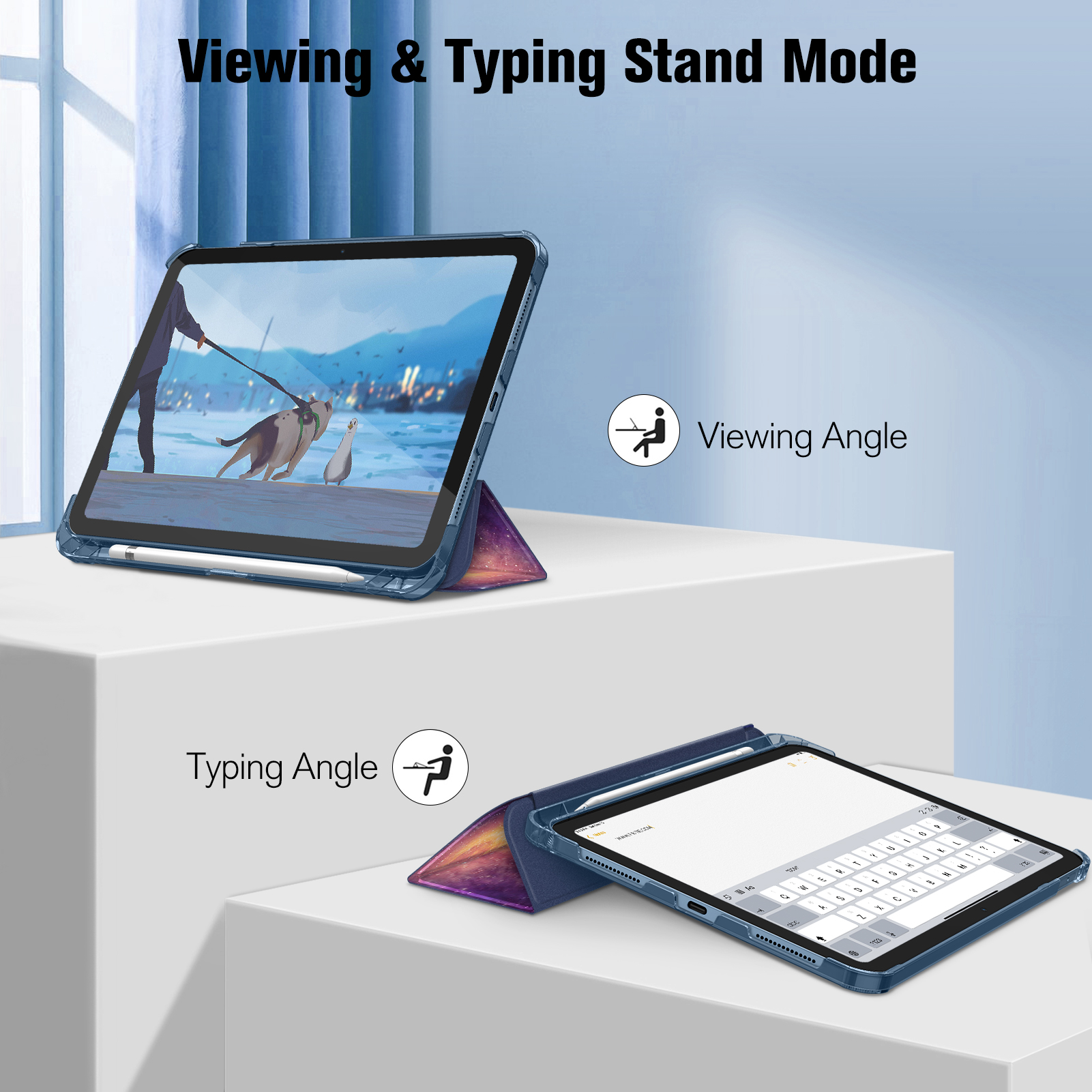 Tablets in zwei Positionen: Tippen und Betrachten. Blaue Hülle, weißer Hintergrund und Text über Winkel.
