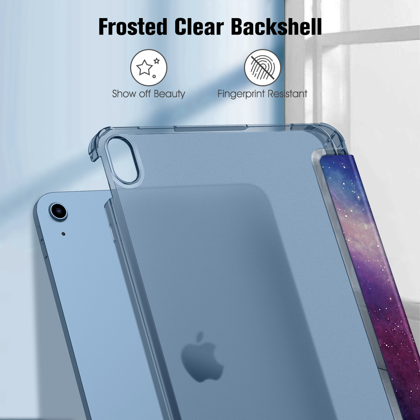 Hellblaue iPad-Hülle. Sie hat eine transparente Rückschale und ist fingerabdruckresistent.