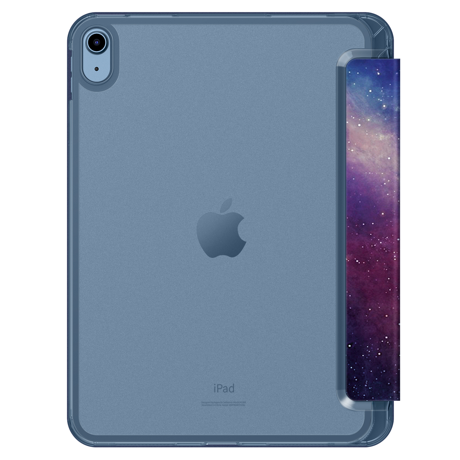 Blaues iPad in einer transparenten Hülle mit Galaxien-Design.