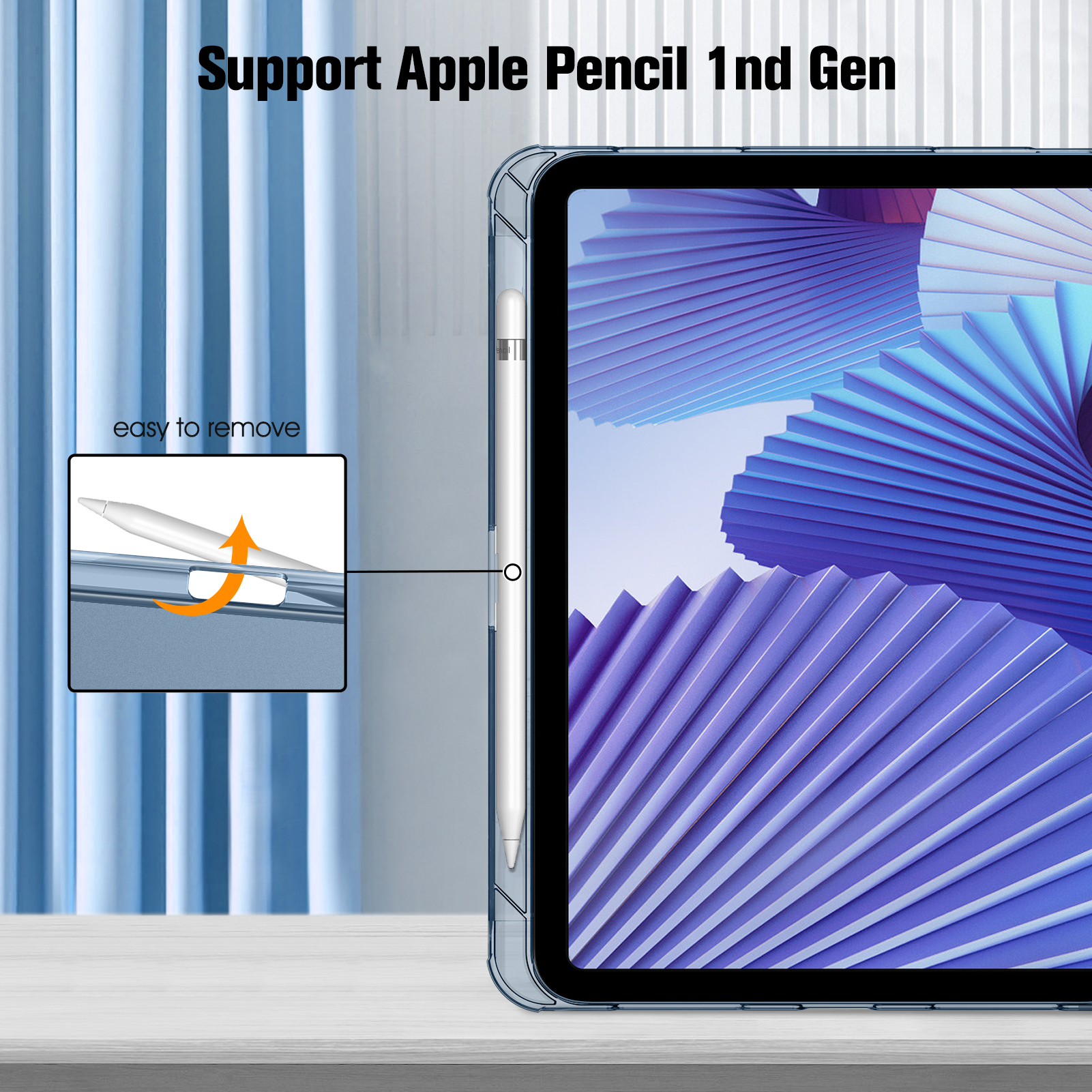 Eine transparente iPad-Hülle mit einem weißen Apple Pencil. Ein oranger Pfeil zeigt auf einfaches Entfernen.