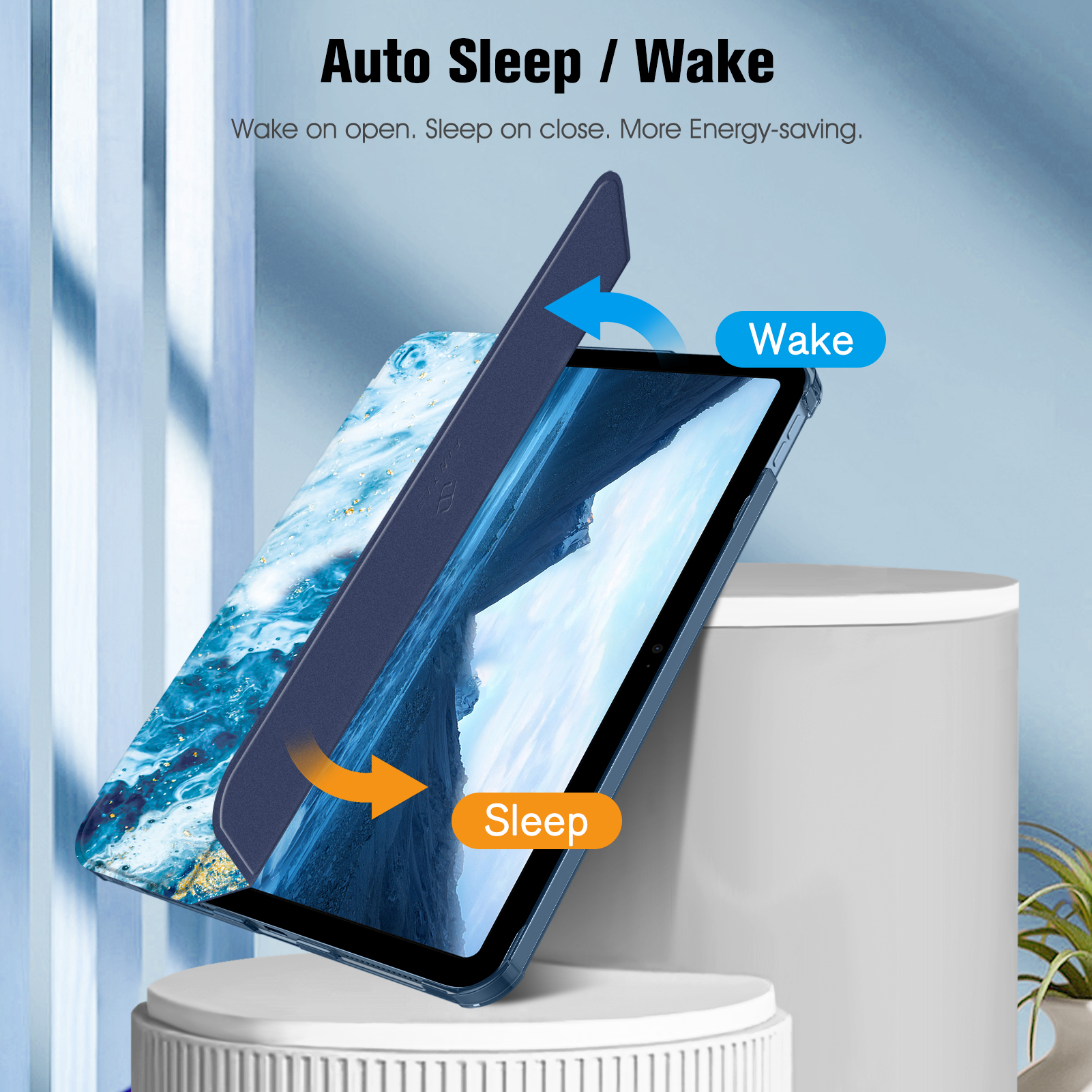 Tablet mit blauer Hülle, zeigt Öffnen/Schließen, beschriftet mit 'Wake' und 'Sleep'.