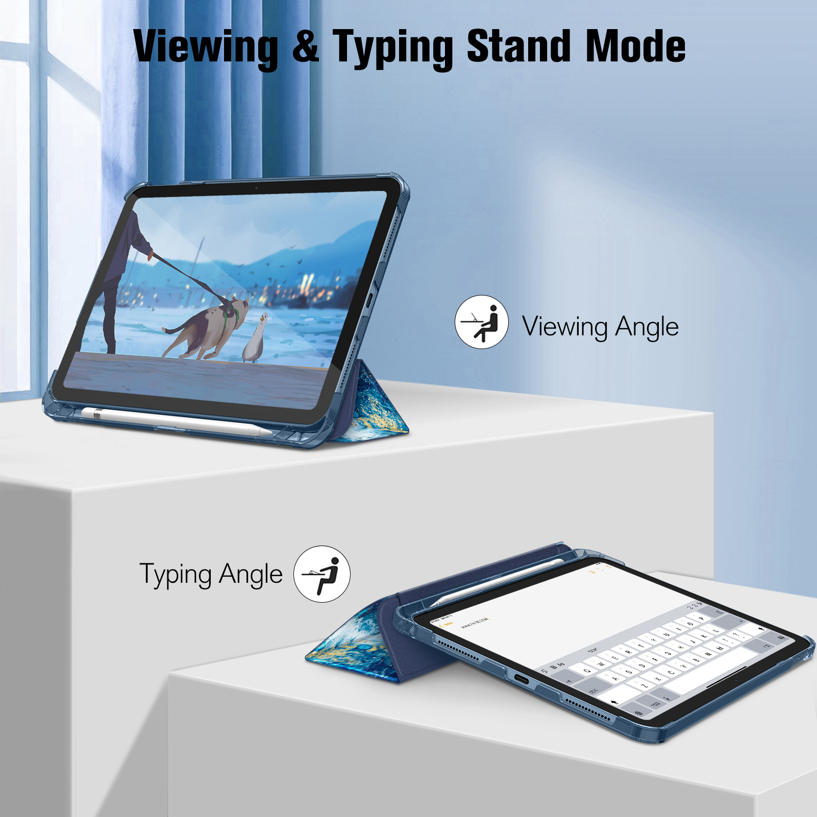 Tablet in blauem Gehäuse, gezeigt im Anzeige- und Tippmodus.