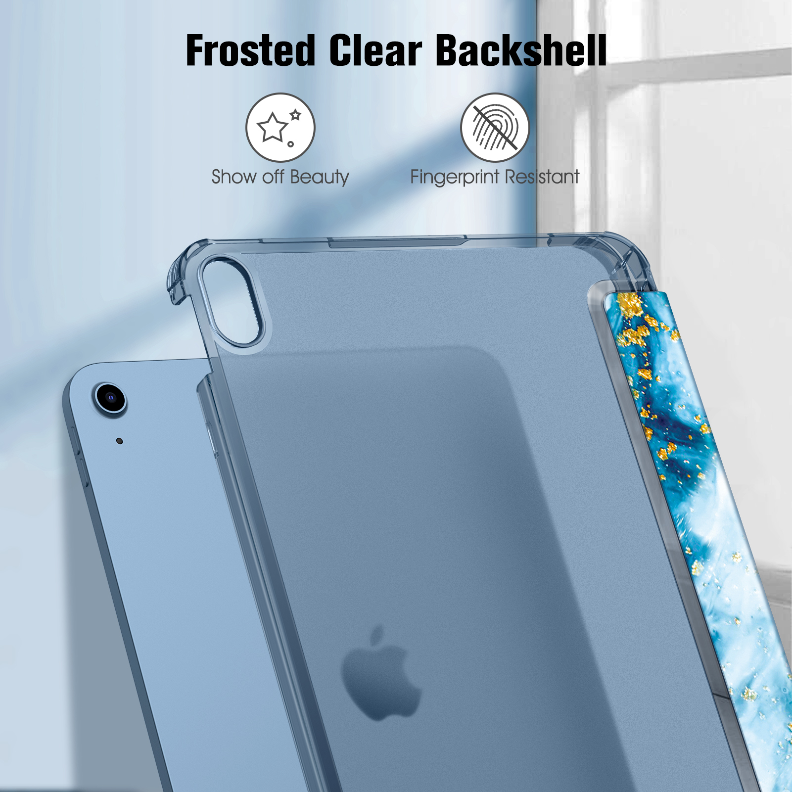 Blaues iPad in einer mattierten, transparenten Hülle mit Marmormuster an der Seite.