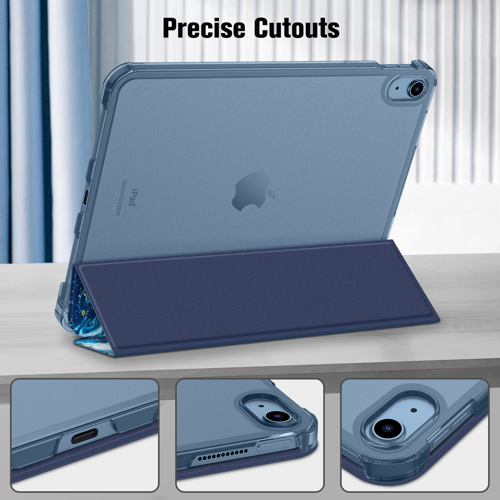 Blaues iPad-Case offen, mit präzisen Aussparungen. Drei Nahaufnahmen zeigen Portdetails.