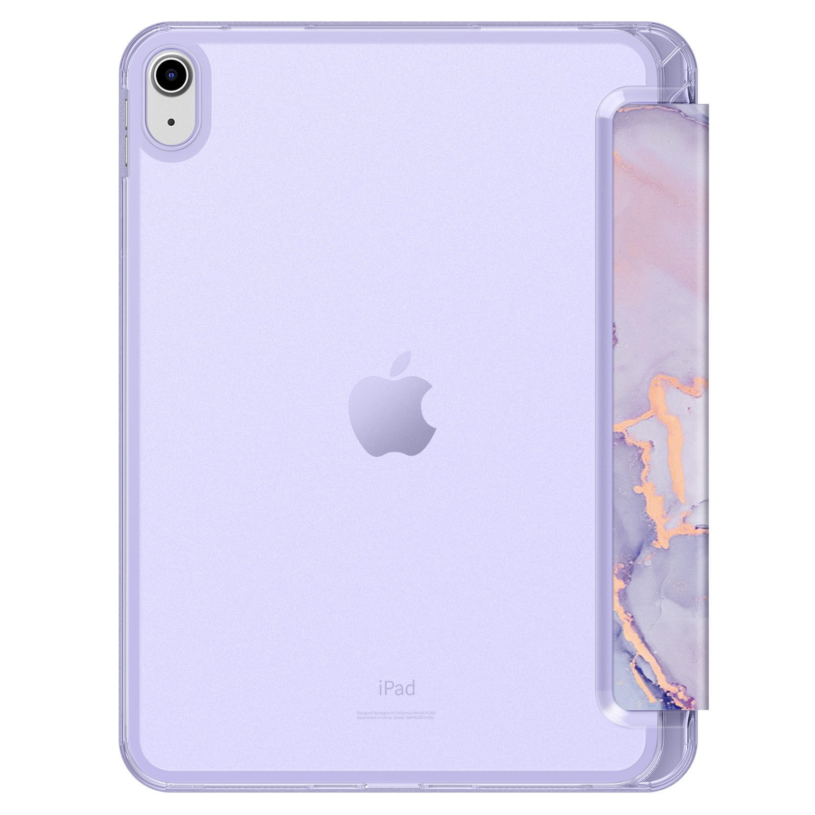 Lila iPad in einer transparenten Hülle mit marmoriertem Cover, das auf einer Oberfläche liegt.