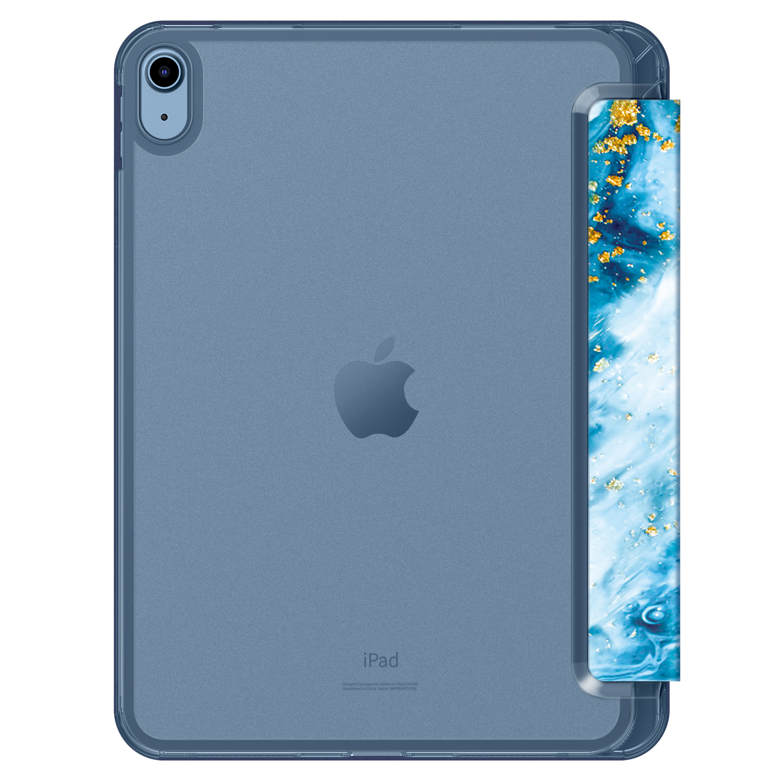 Blaue Tablethülle mit Marmordesign und weißem Hintergrund.