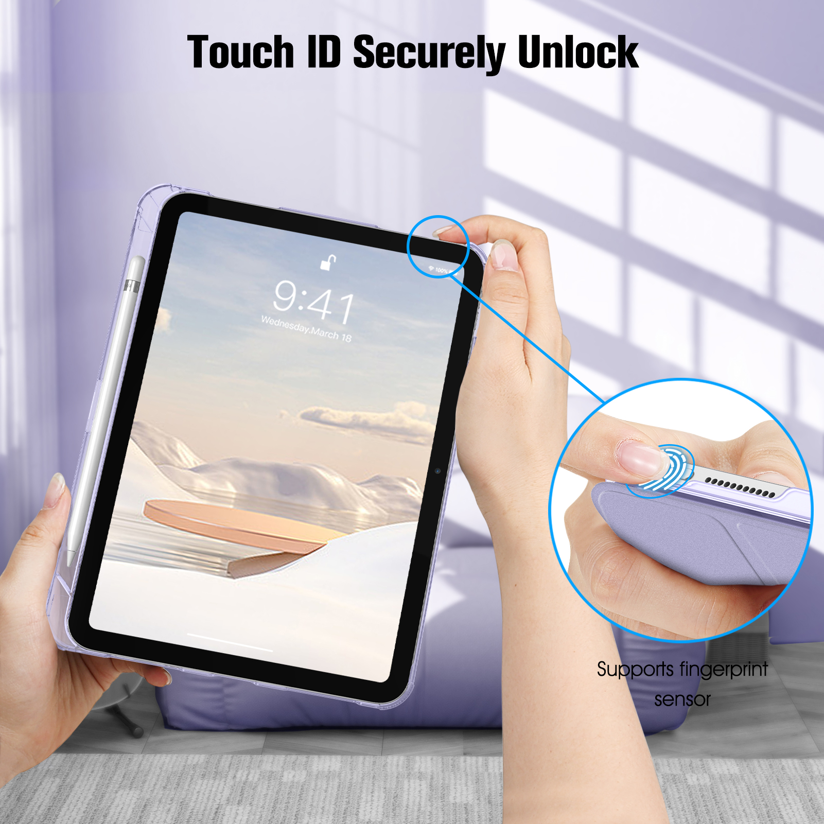 Person entsperrt Tablet mit Finger. Tablet in Schutzhülle. Fliederfarbener Hintergrund.