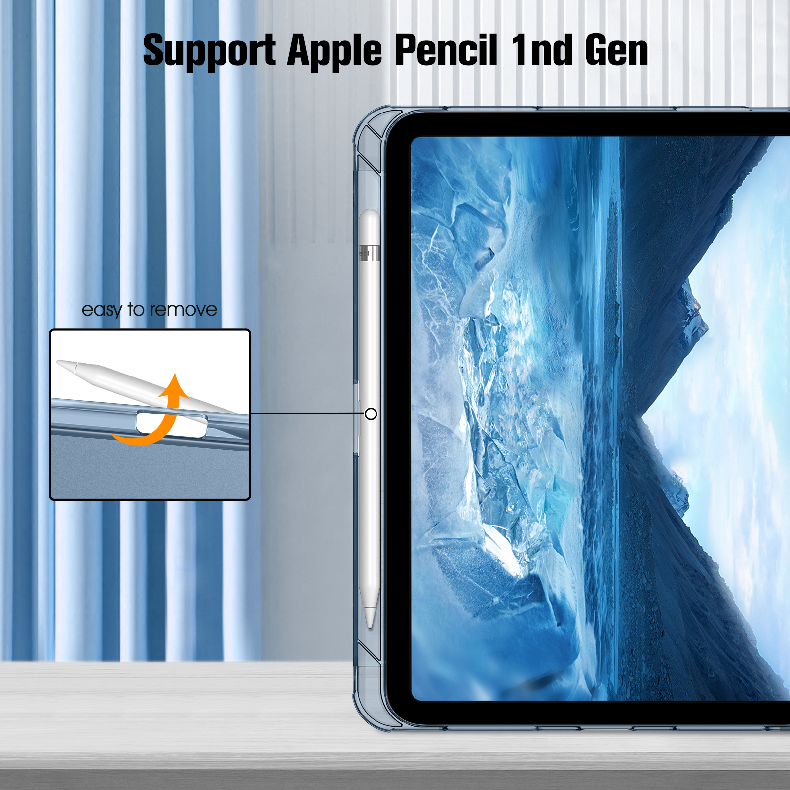 iPad mit Stift in einer transparenten Hülle, zeigt den Entfernungsprozess. Weißer Stift und blauer Hintergrund.