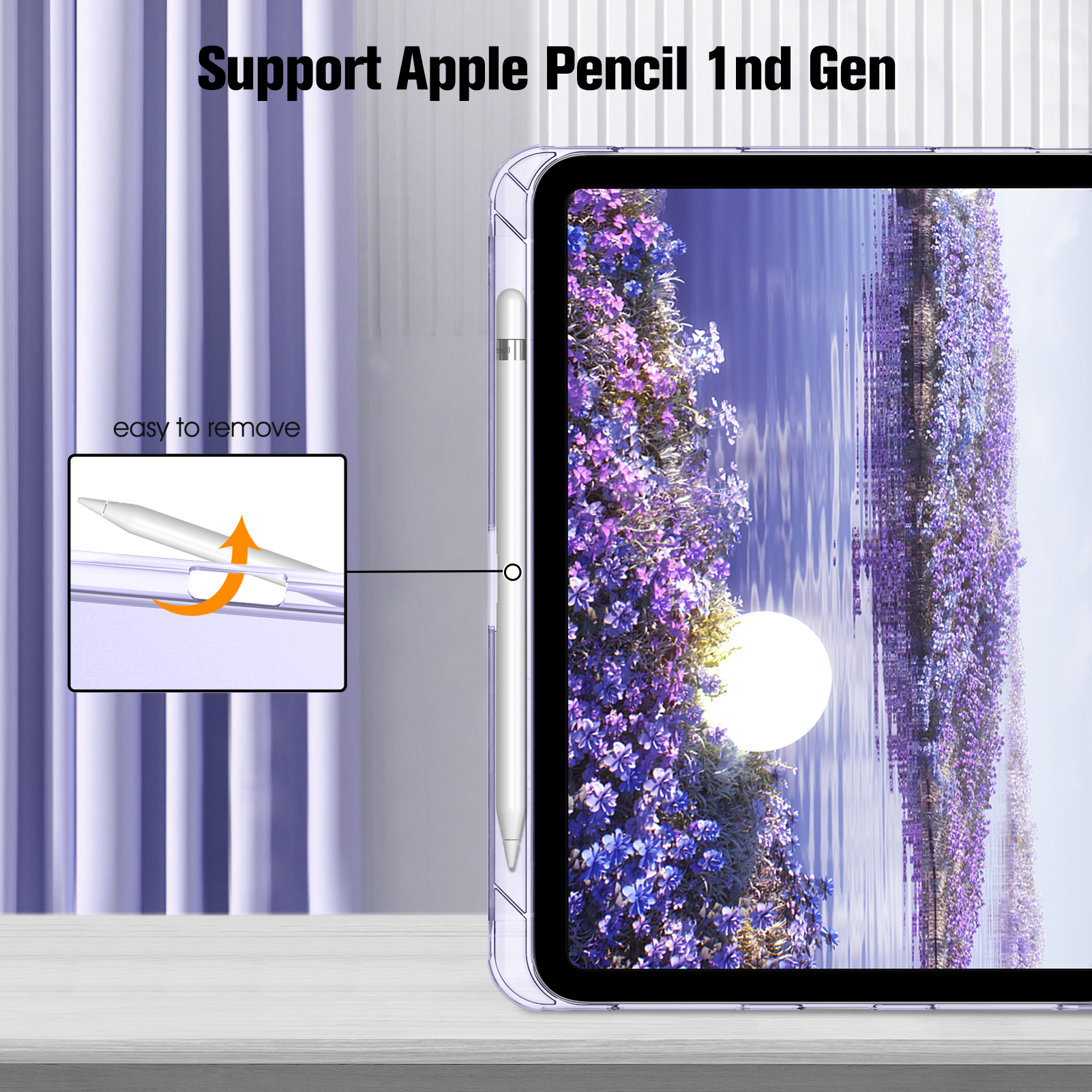 Tablet mit Hülle, Apple Pencil und einem Einsatz, der das Entfernen der Hülle zeigt. Der Hintergrund ist ein violetter Vorhang.