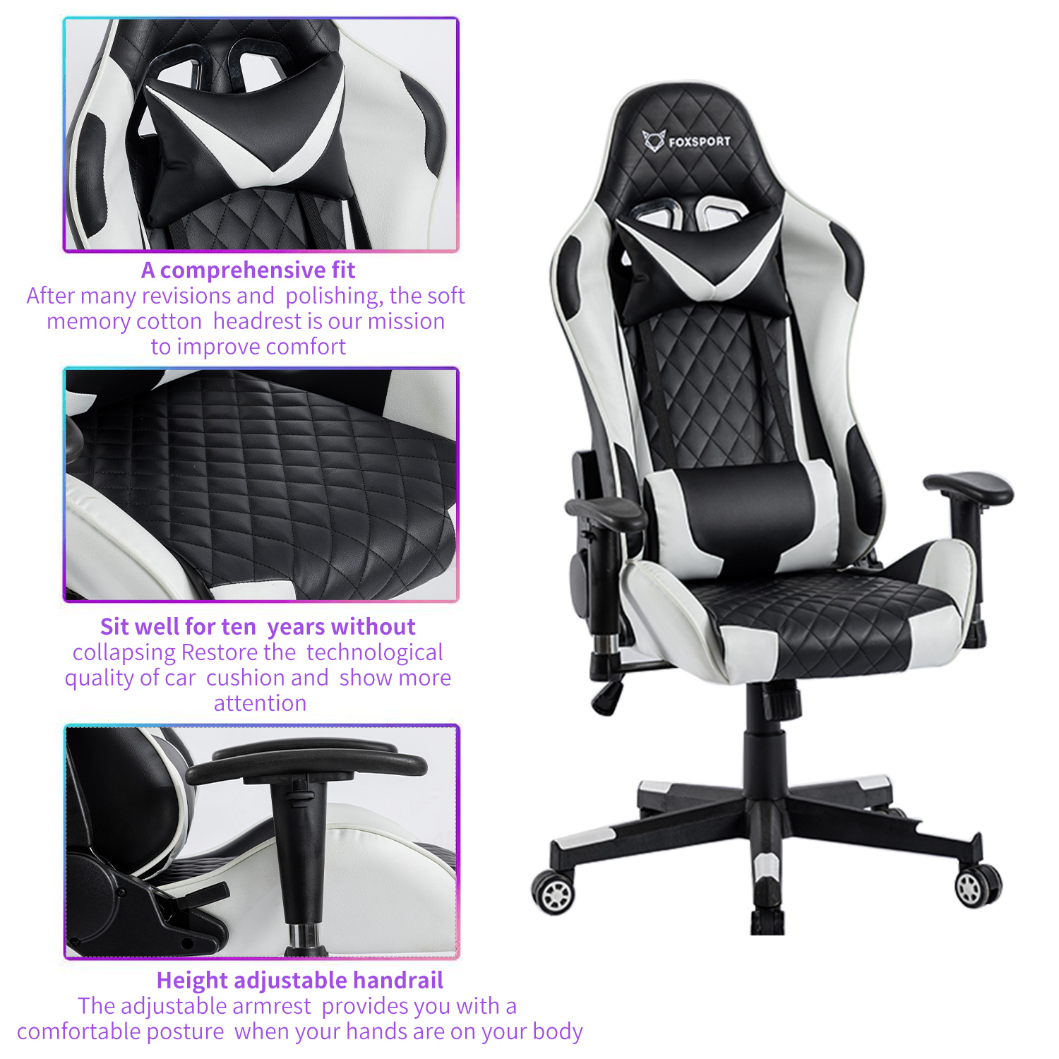 FOXSPORT Professioneller Stuhl, Gaming Taillenkissen, mit Kopfstütze Schwarz/Weiß und Bürostuhl, weiß Gaming-Stuhl