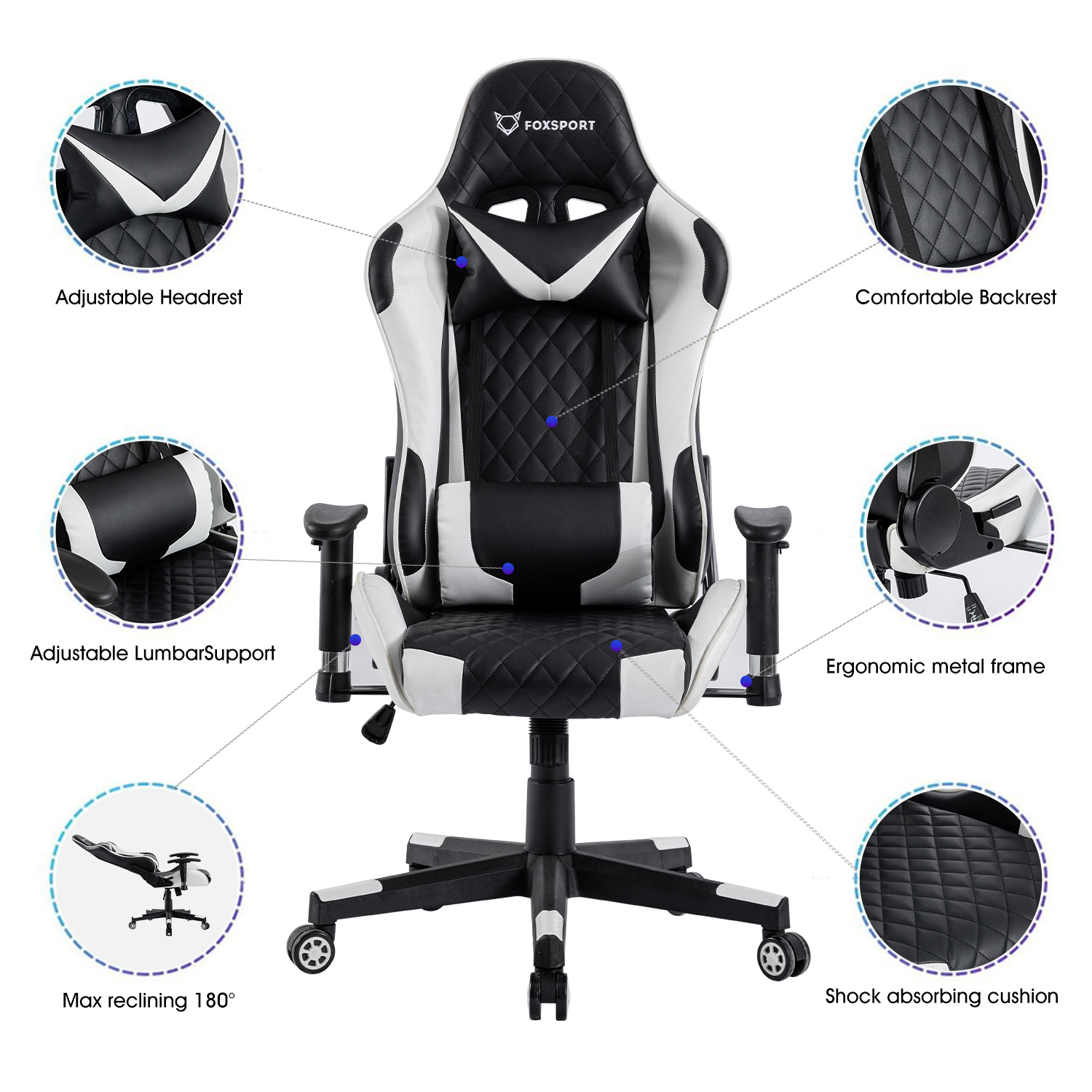 Gaming-Stuhl Taillenkissen, mit Bürostuhl, Gaming FOXSPORT Professioneller Kopfstütze Stuhl, Schwarz/Weiß und weiß