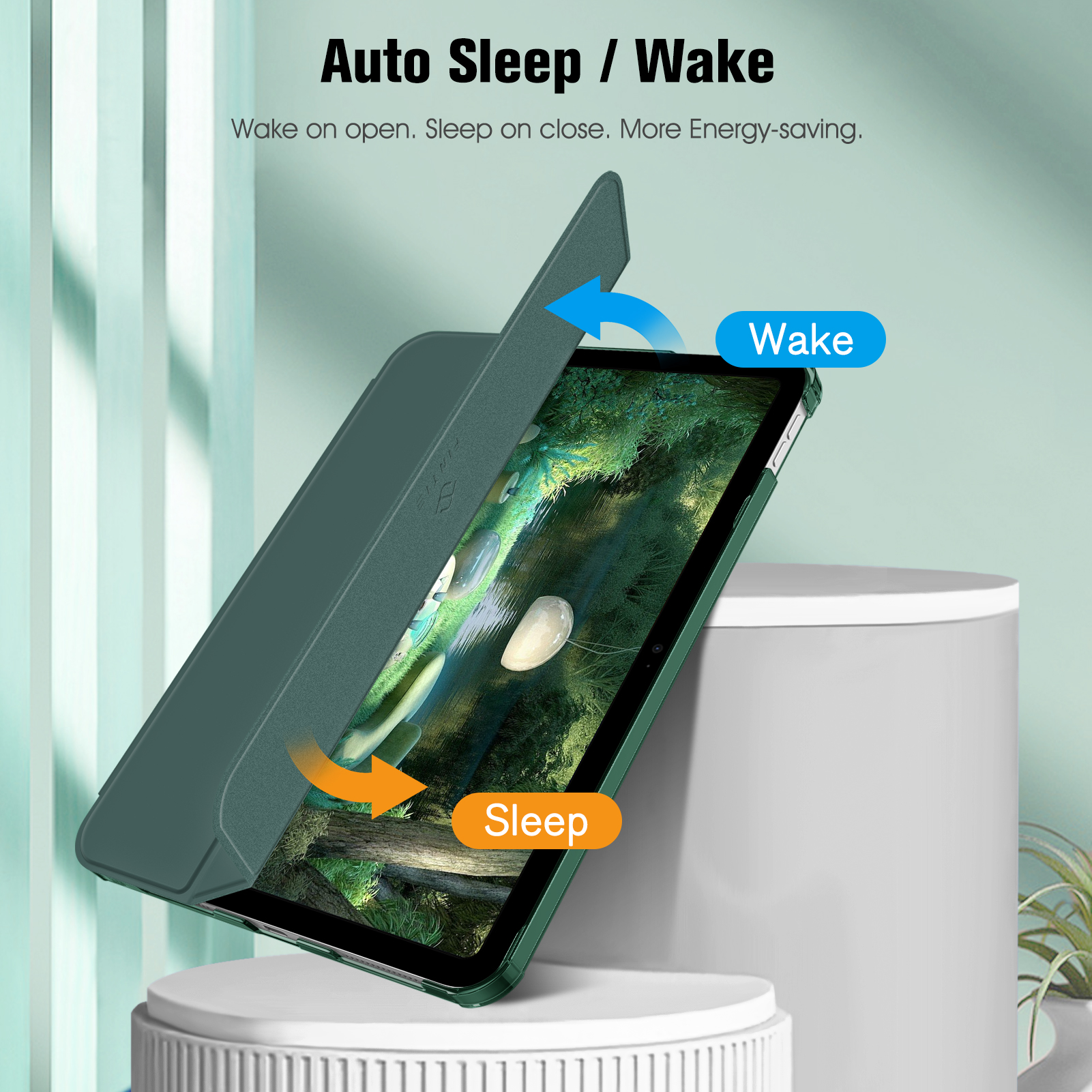 Grüne Tablethülle öffnet sich. Pfeile zeigen Wake/Sleep-Funktion. Text: Auto Sleep/Wake.