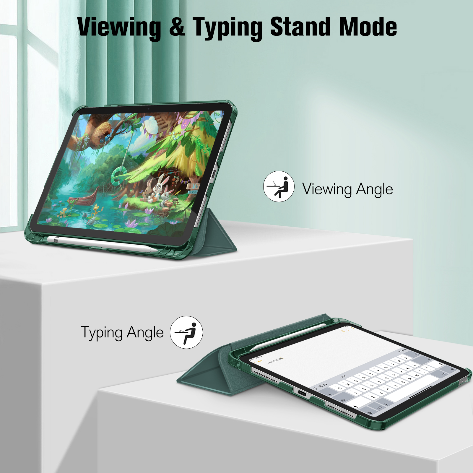Grüne Tablethülle, zwei Tablets in verschiedenen Winkeln dargestellt. Weiße Oberfläche.