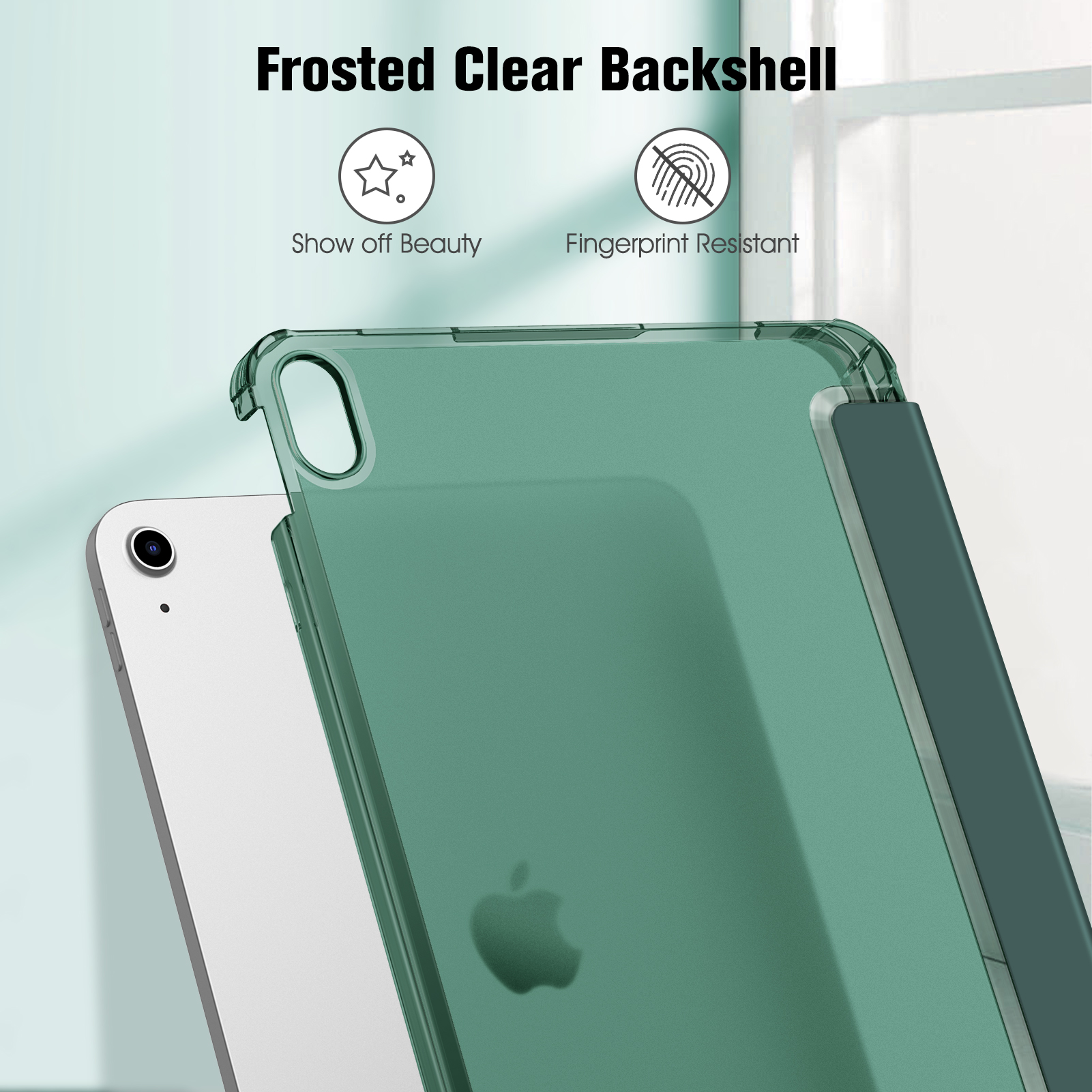 Grüne Tablet-Hülle schützt ein weißes Tablet. Text oben lautet: „Frosted Clear Backshell“.
