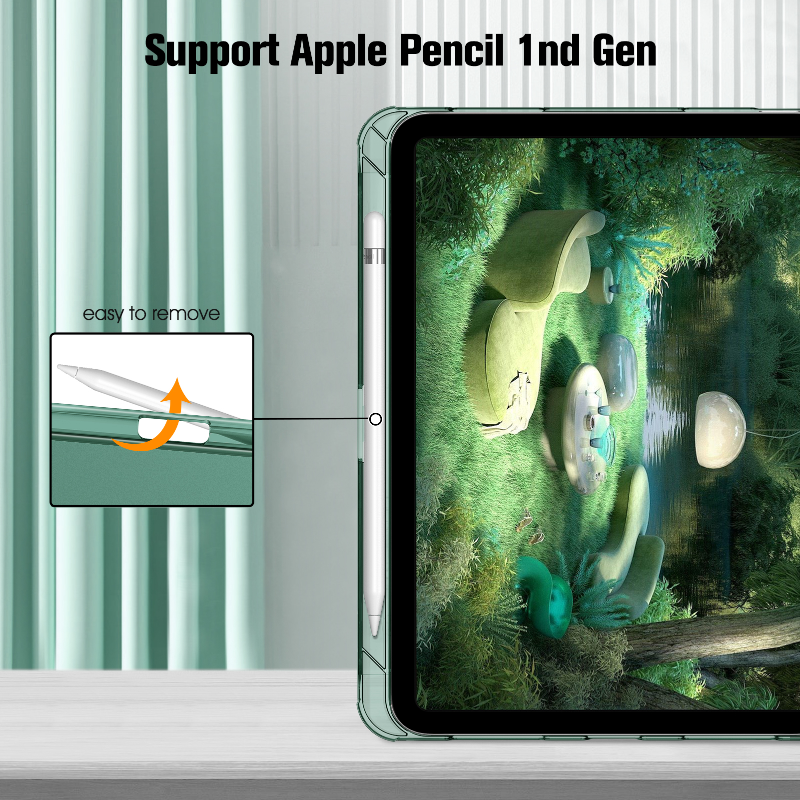 Tablet mit Hülle und Apple Pencil, Text: Support Apple Pencil 1nd Gen, grün.
