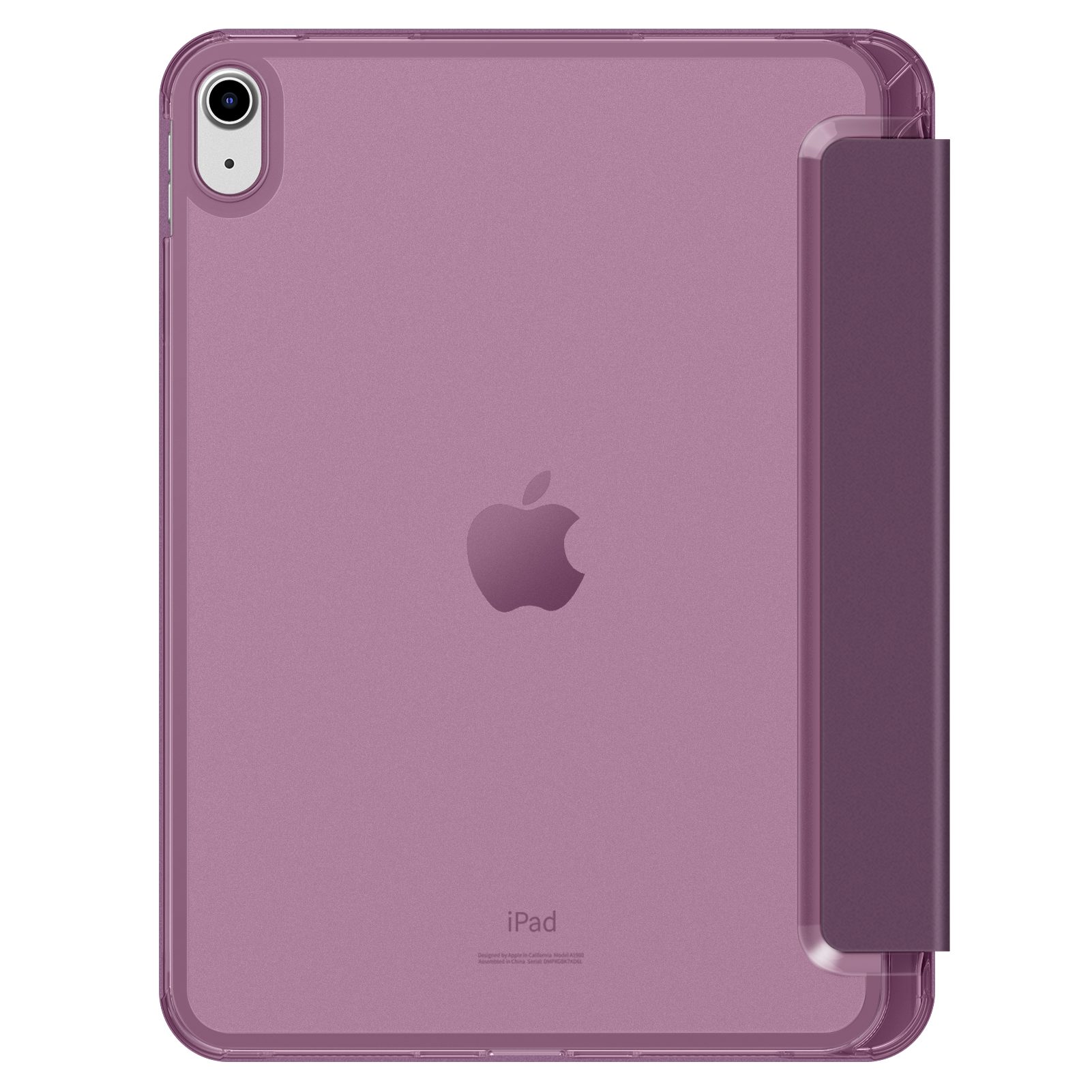 Lila iPad in einer transparenten Hülle mit lila Cover, auf weißem Untergrund.