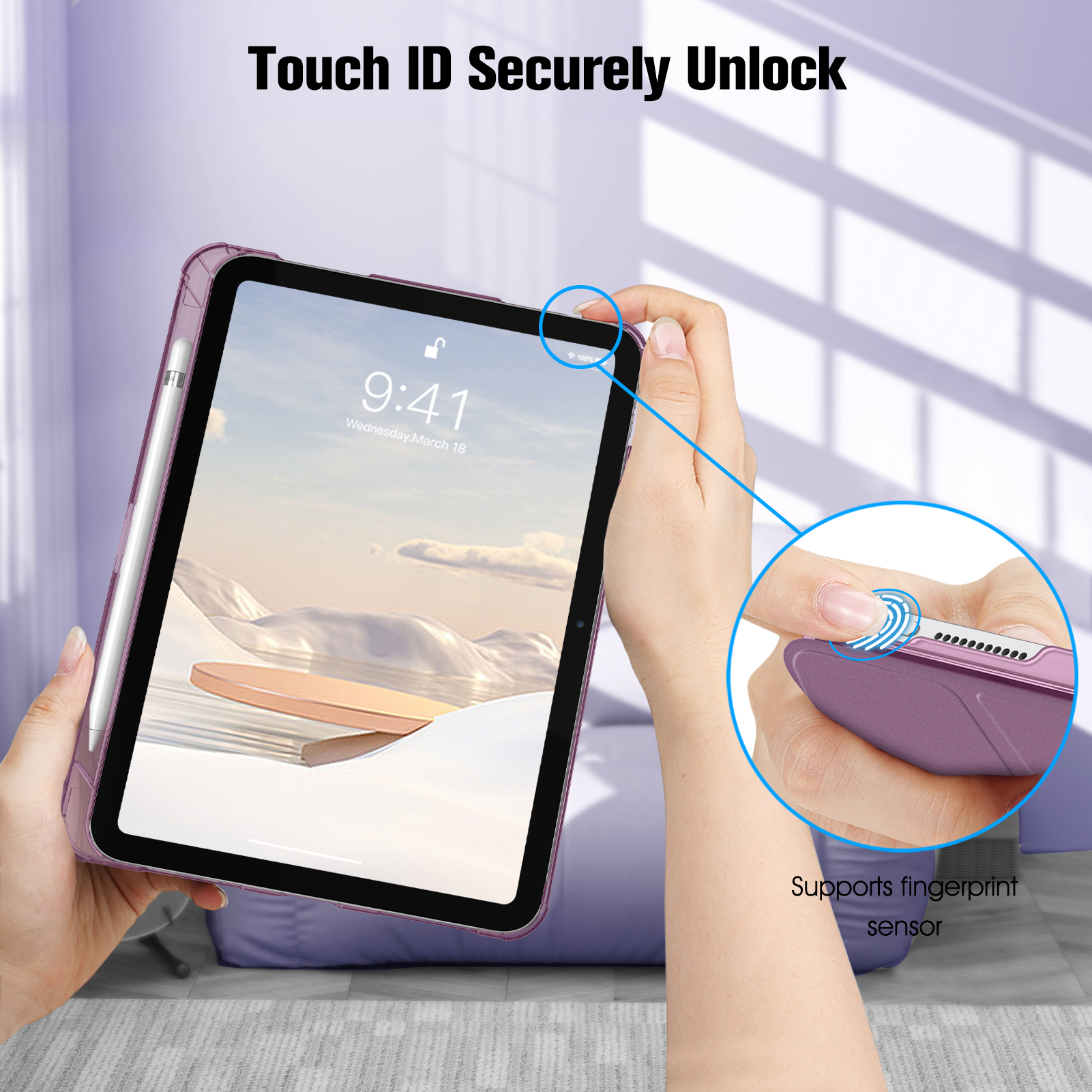 Hände einer Person, die ein Tablet halten. Text: Touch ID sicher entsperren. Fingerabdrucksensor.
