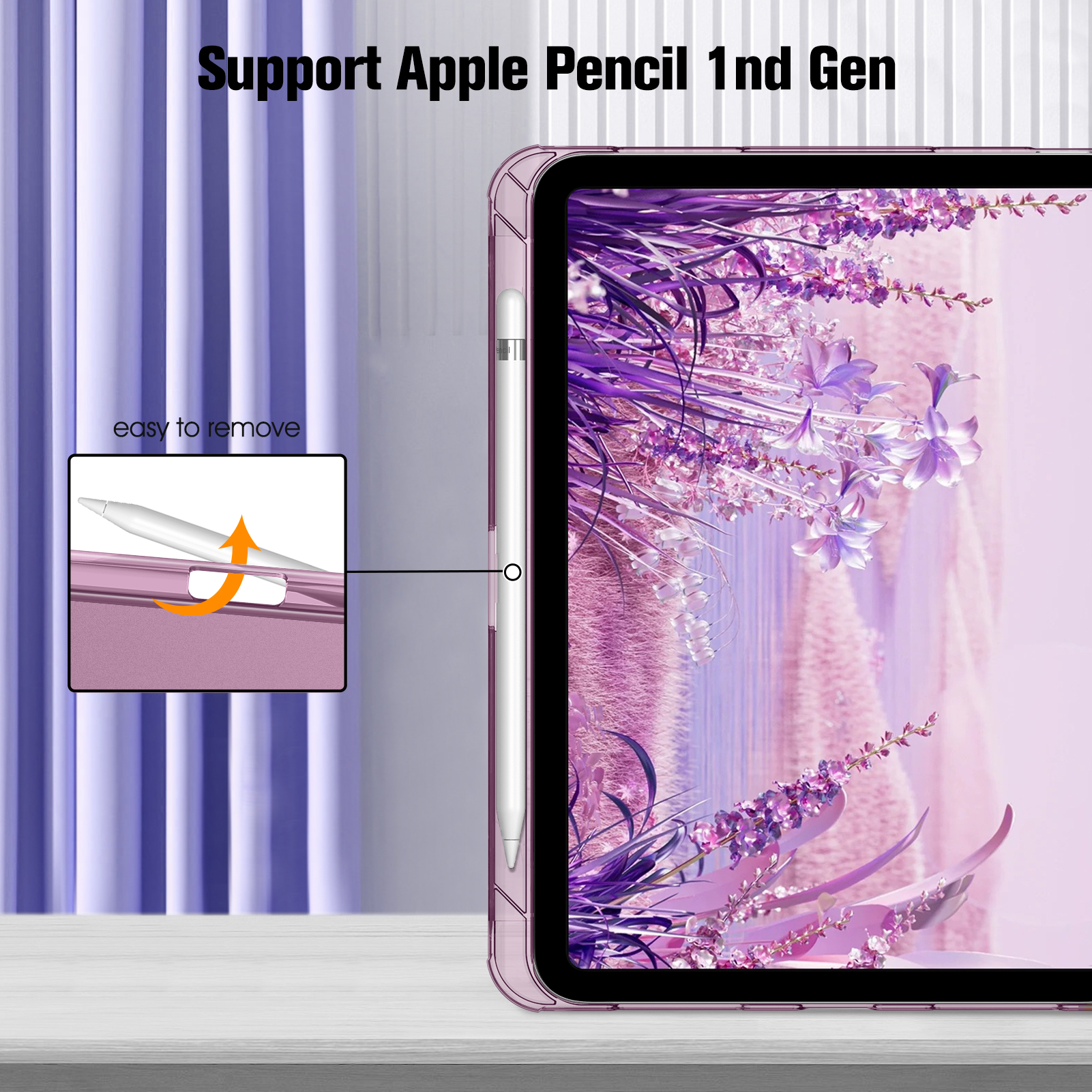 Tablet in rosa Hülle, mit weißem Apple Pencil. Text sagt: 'Support Apple Pencil 1nd Gen.'