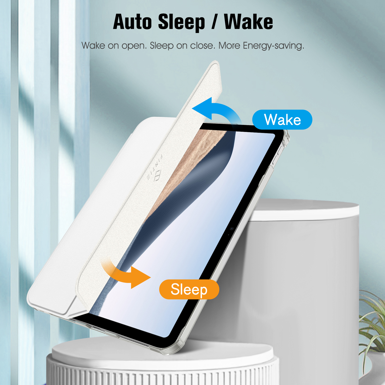 Ein Tablet mit Hülle, zeigt 'Sleep' und 'Wake'-Funktionen mit Pfeilen.
