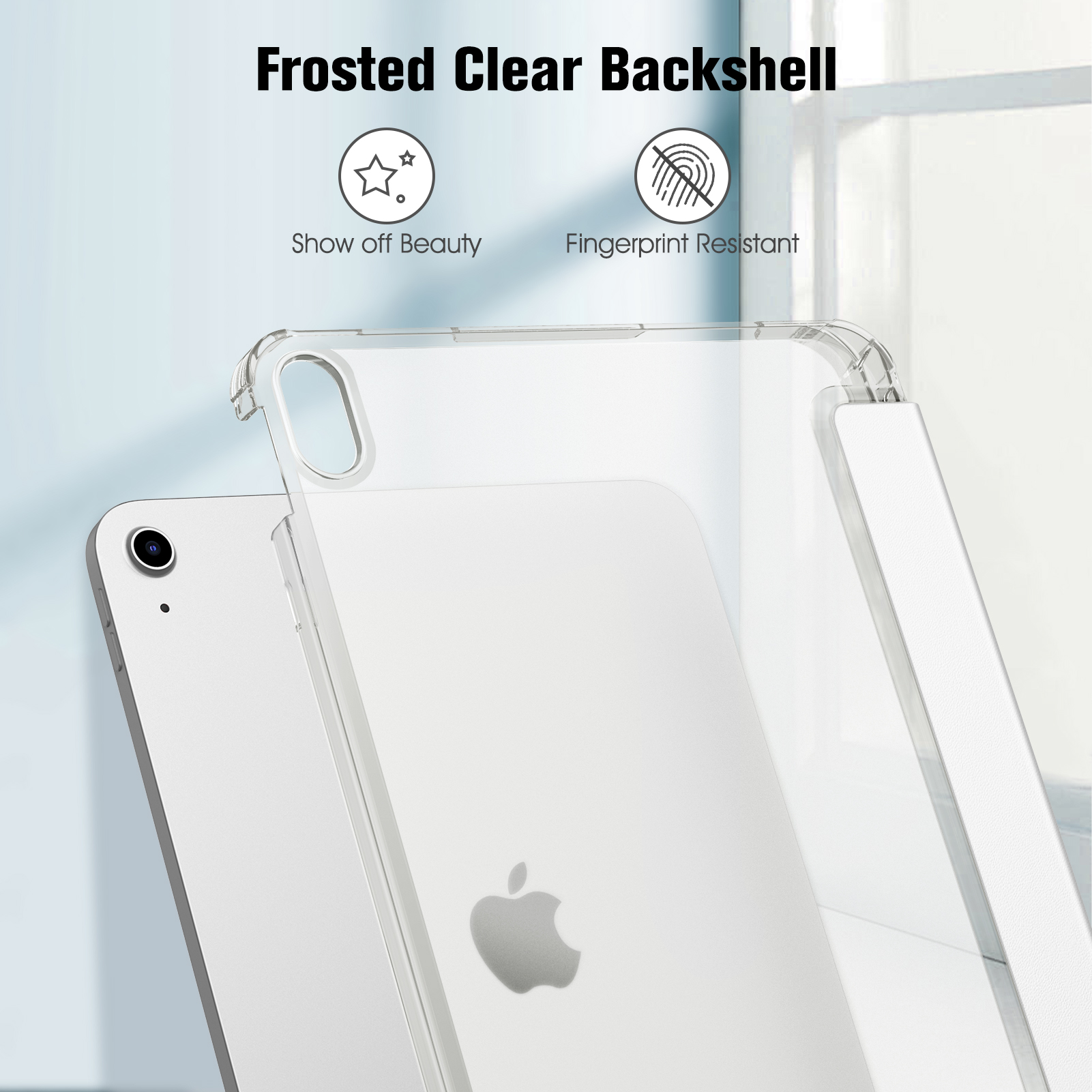 Ein Tablet in einer durchsichtigen Hülle mit Text: "Frosted Clear Backshell".
