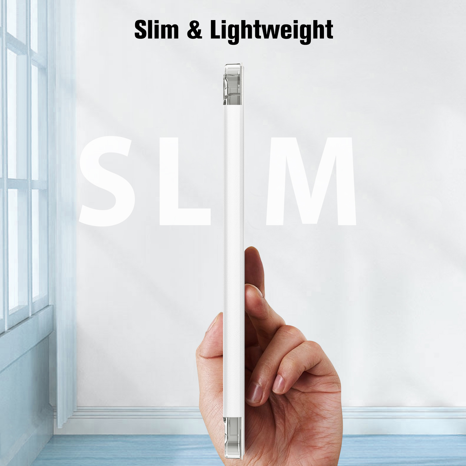 Hand hält weißen Stift. Text "SLIM & LIGHTWEIGHT" und "SLIM" werden angezeigt.