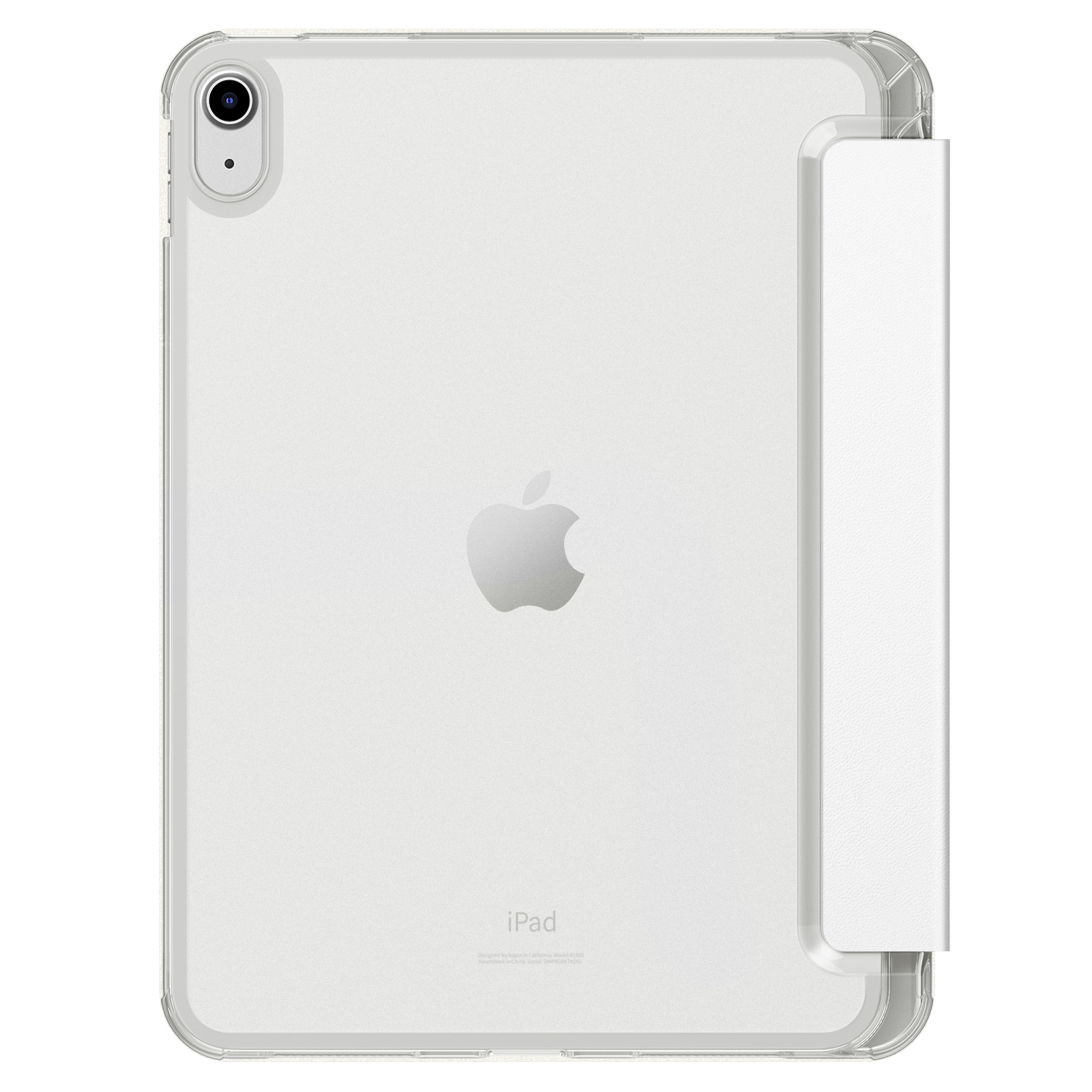 iPad, transparente Hülle mit weißem Cover, Rückansicht, Apple-Logo sichtbar.