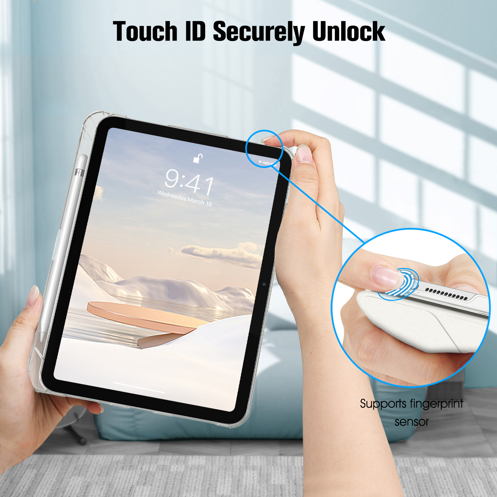 Tablet mit Finger auf Sensor, Text: 'Touch ID'.