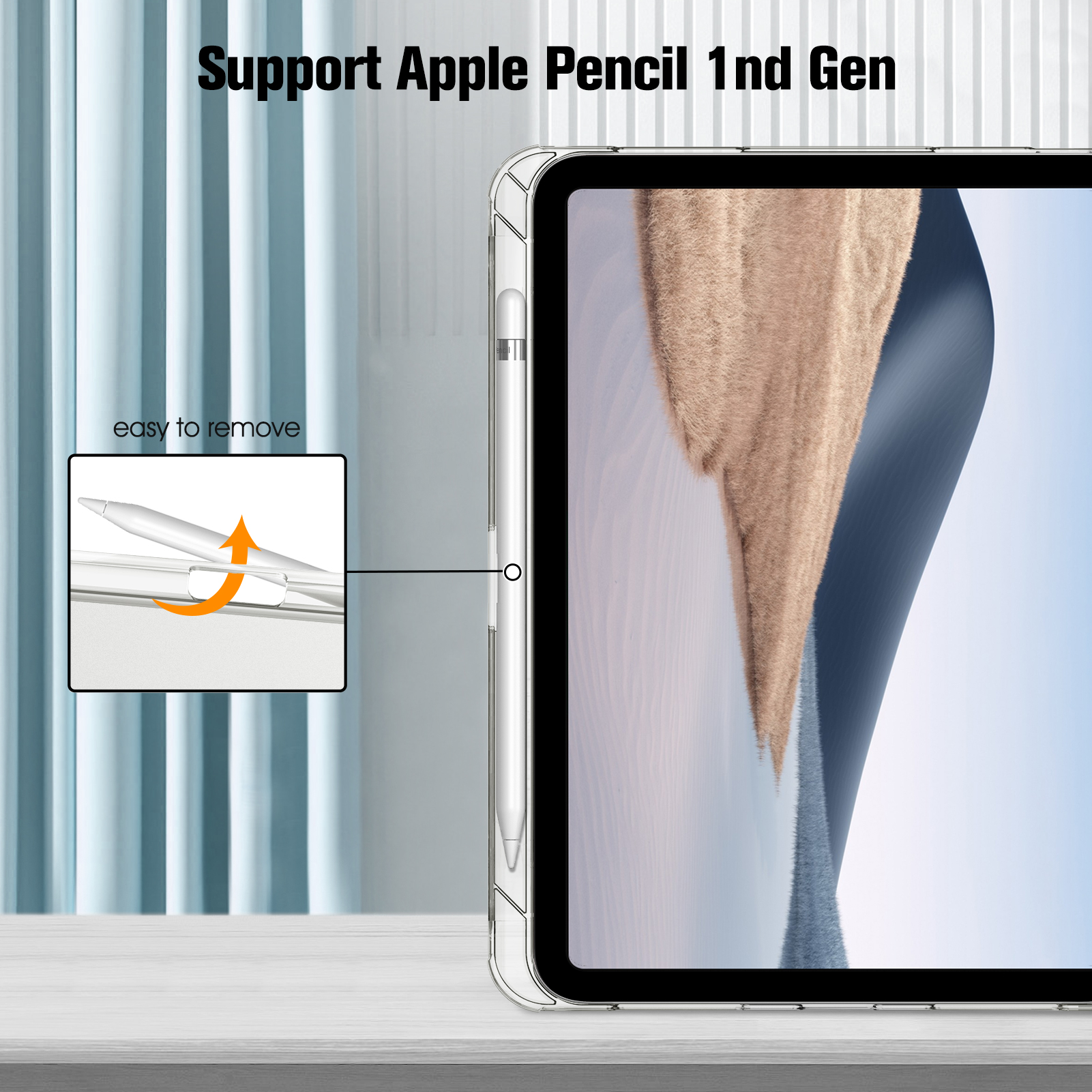 Tablet mit klarer Hülle und Apple Pencil.