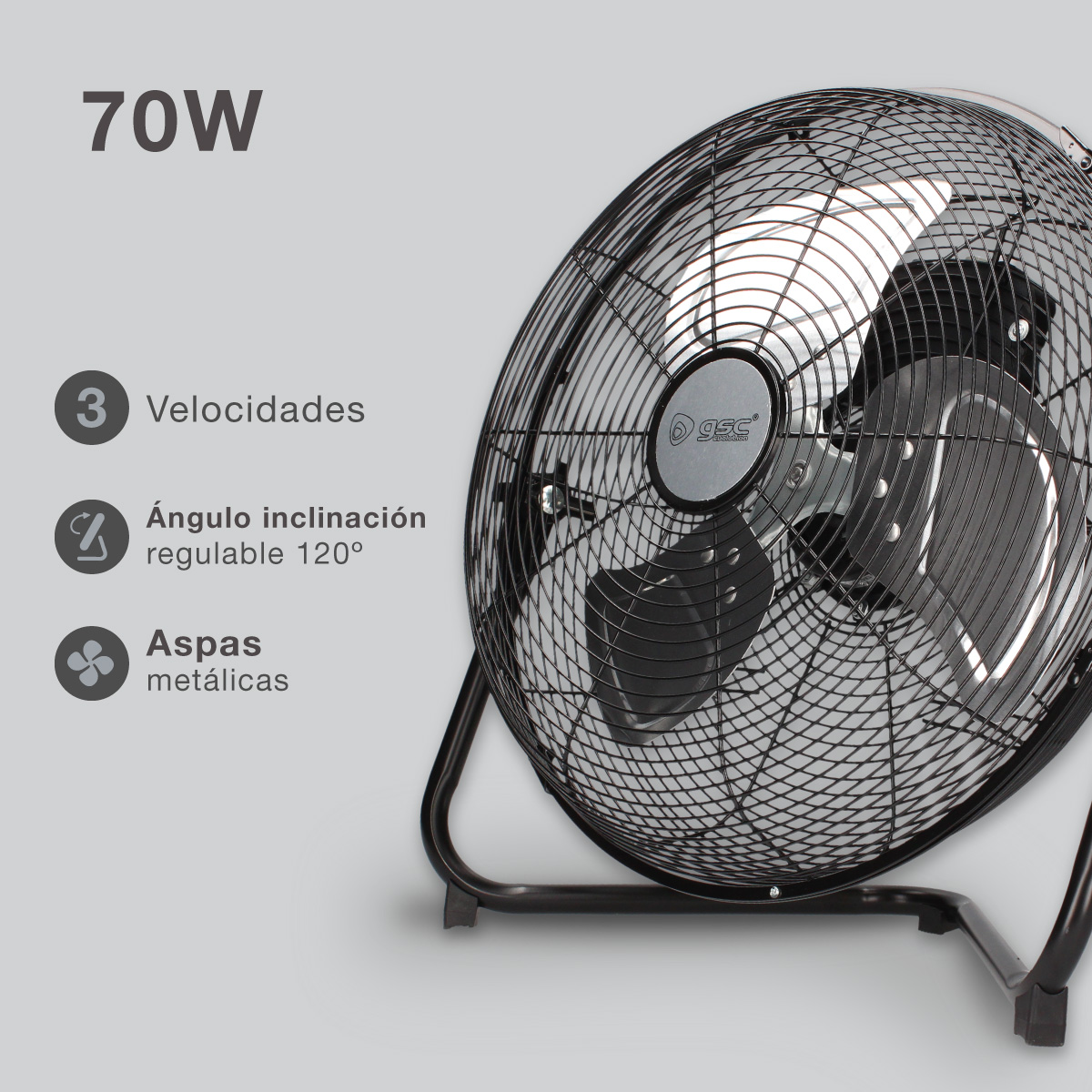 Ventilador negro con una jaula metálica. Etiquetas de texto indican 3 velocidades.