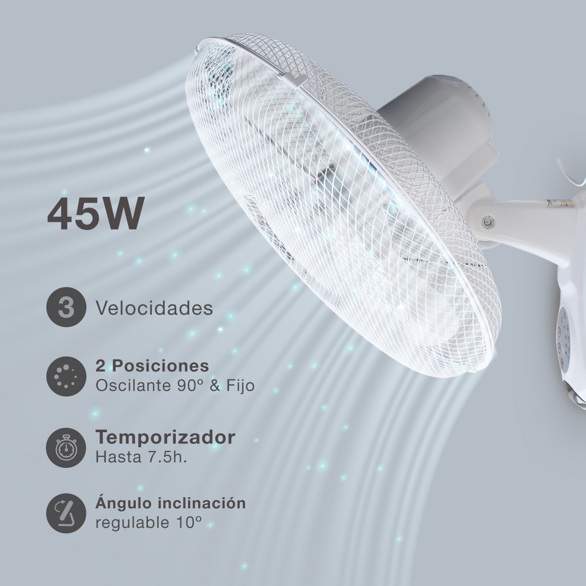 Ventilador de pared blanco, con cubierta blanca. Texto e iconos que indican funciones. Fondo azul.