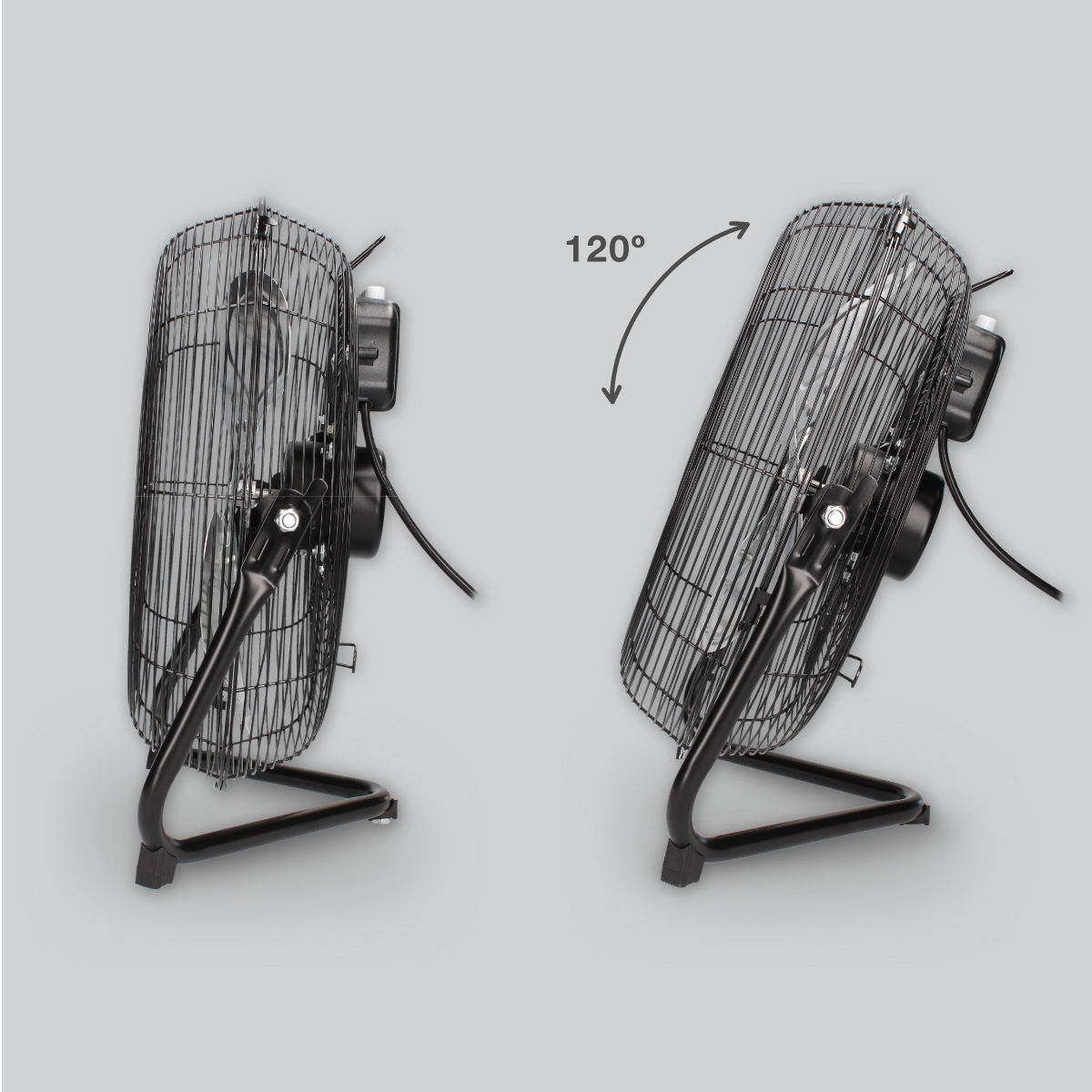 Ventilador negro inclinado hacia la derecha a 120 grados. El ventilador tiene una jaula y base de metal negro.