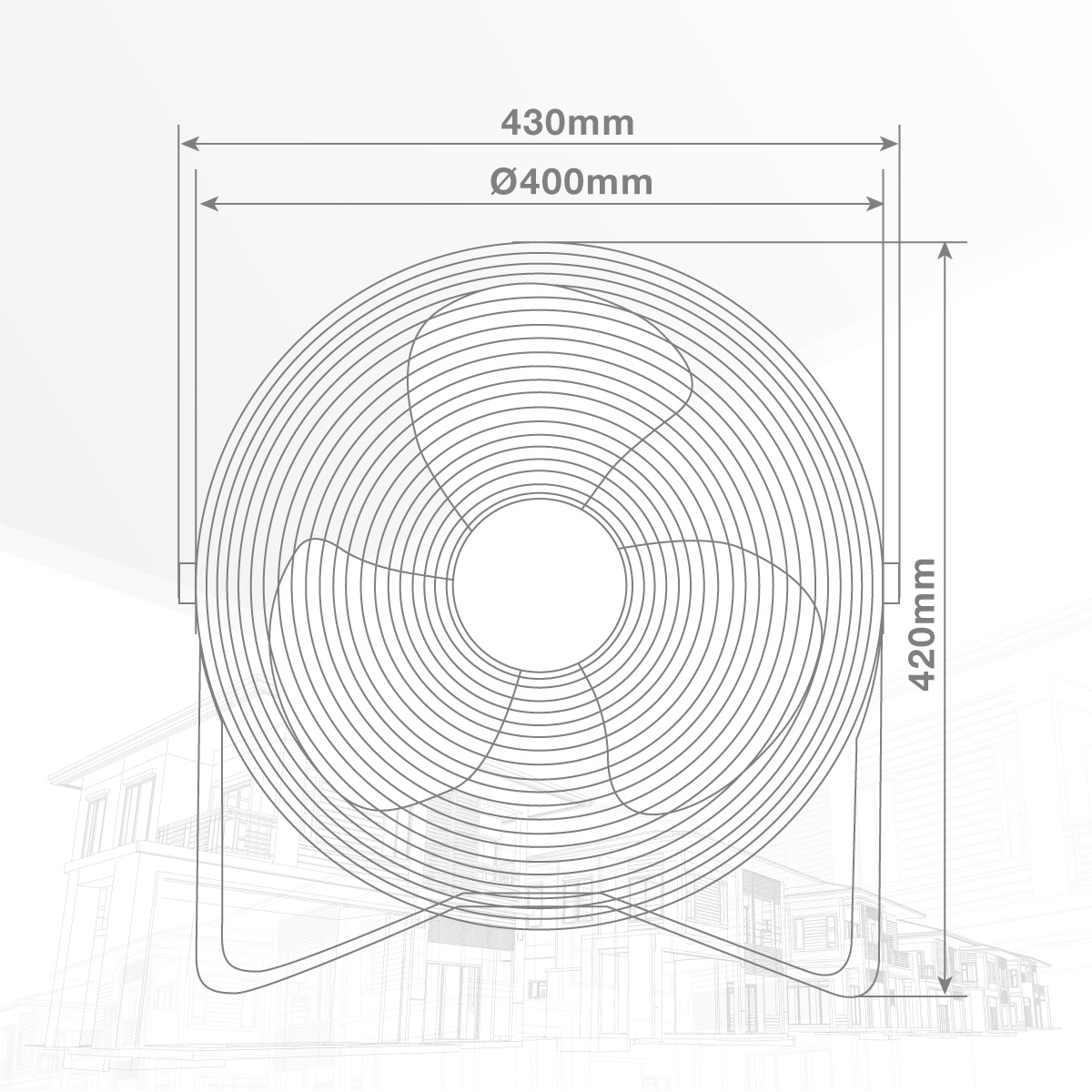 Un dibujo técnico de un ventilador con medidas y un contorno de casa en el fondo.
