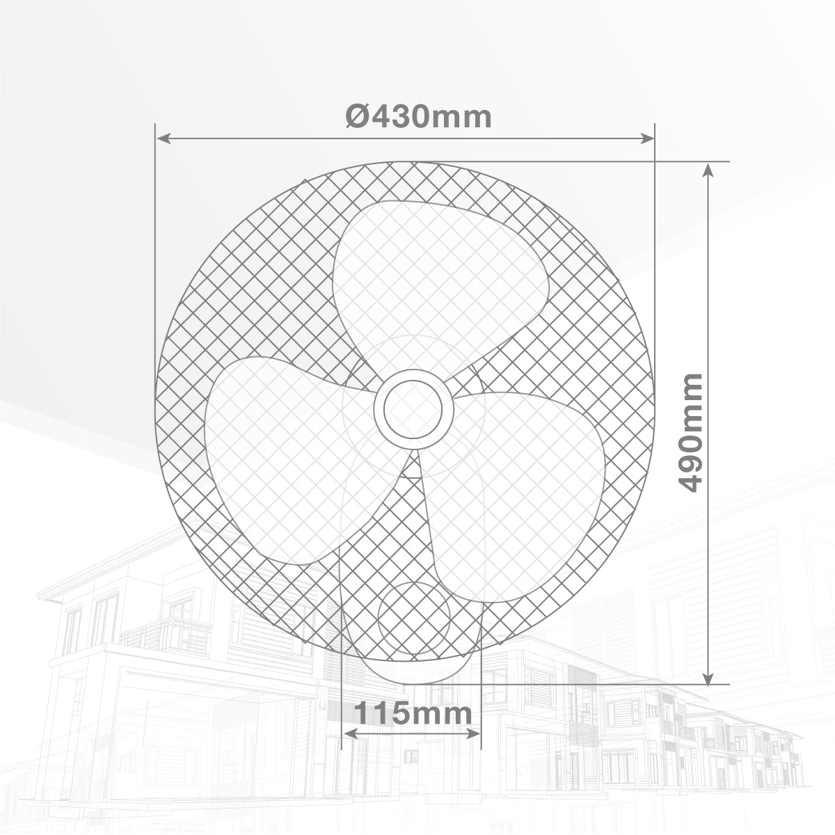 Diagrama de un ventilador. Muestra las dimensiones del ventilador y sus aspas.