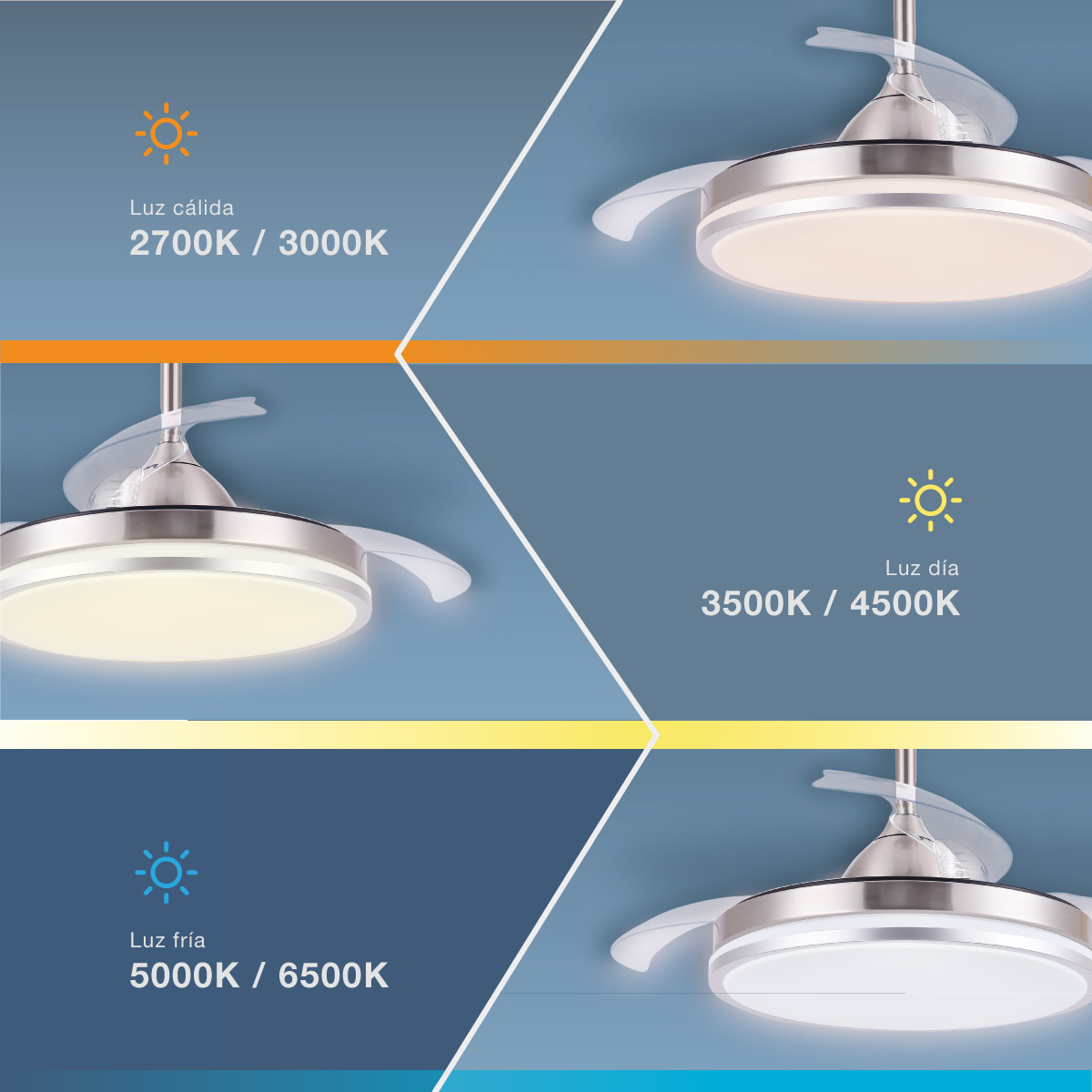 Tres ventiladores de techo con diferentes configuraciones de luz. Cada uno tiene una temperatura de color diferente. Fondo azul.