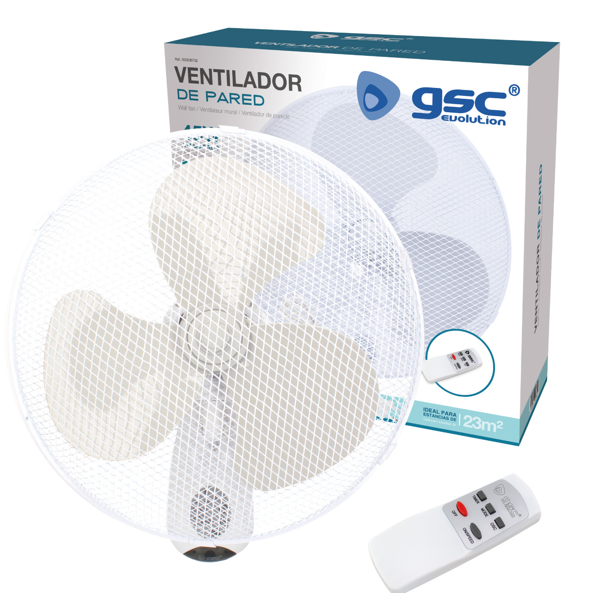 Ventilador de pared blanco con rejilla protectora. Mando a distancia y caja.