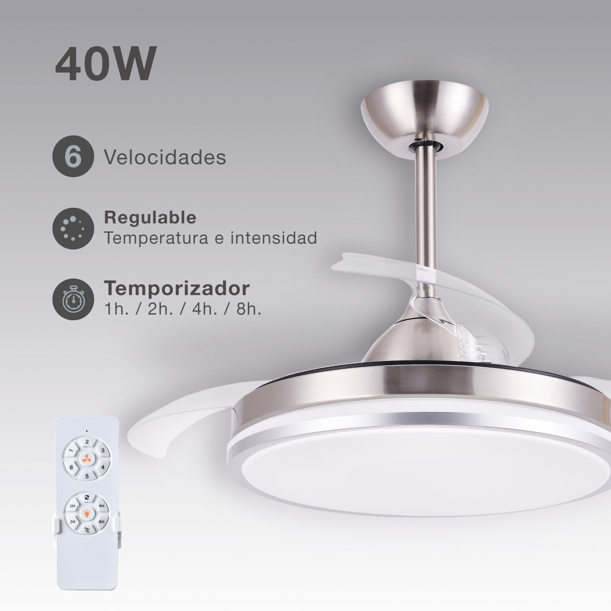 Ventilador de techo plateado con mando a distancia. Fondo blanco con texto.