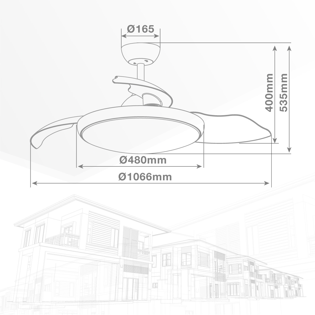Un diagrama de un ventilador de techo con dimensiones, que incluye un contorno de casa en el fondo.