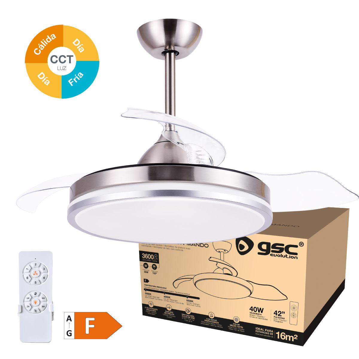 Un ventilador de techo con luz, un mando a distancia y una caja. El ventilador es blanco y plateado.