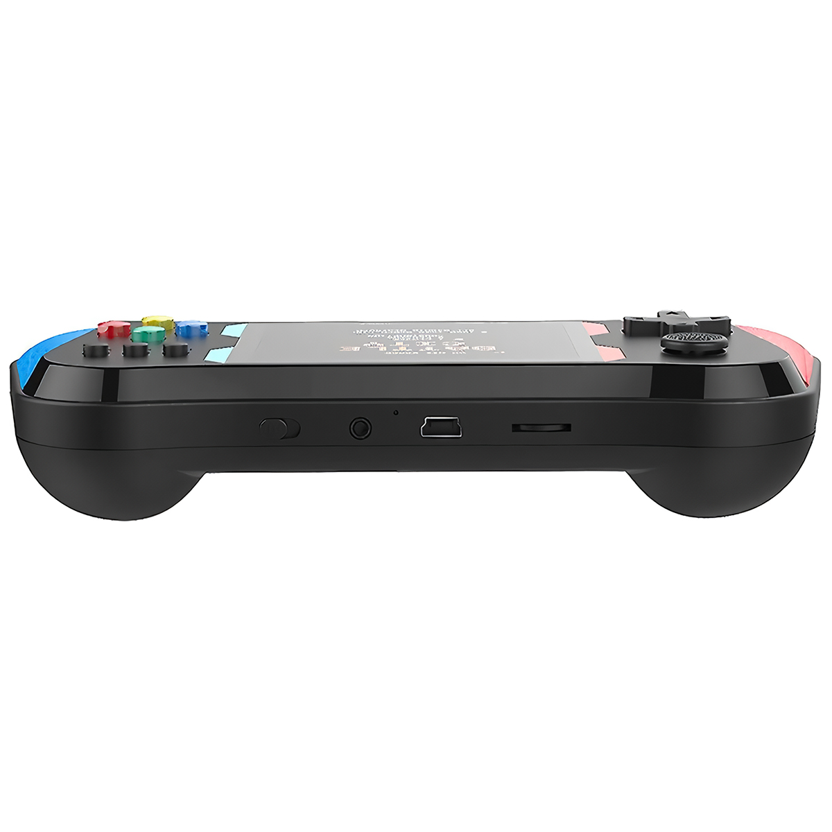 Consola de juegos portátil negra. Botones rojo, azul, verde y amarillo. Fondo negro.