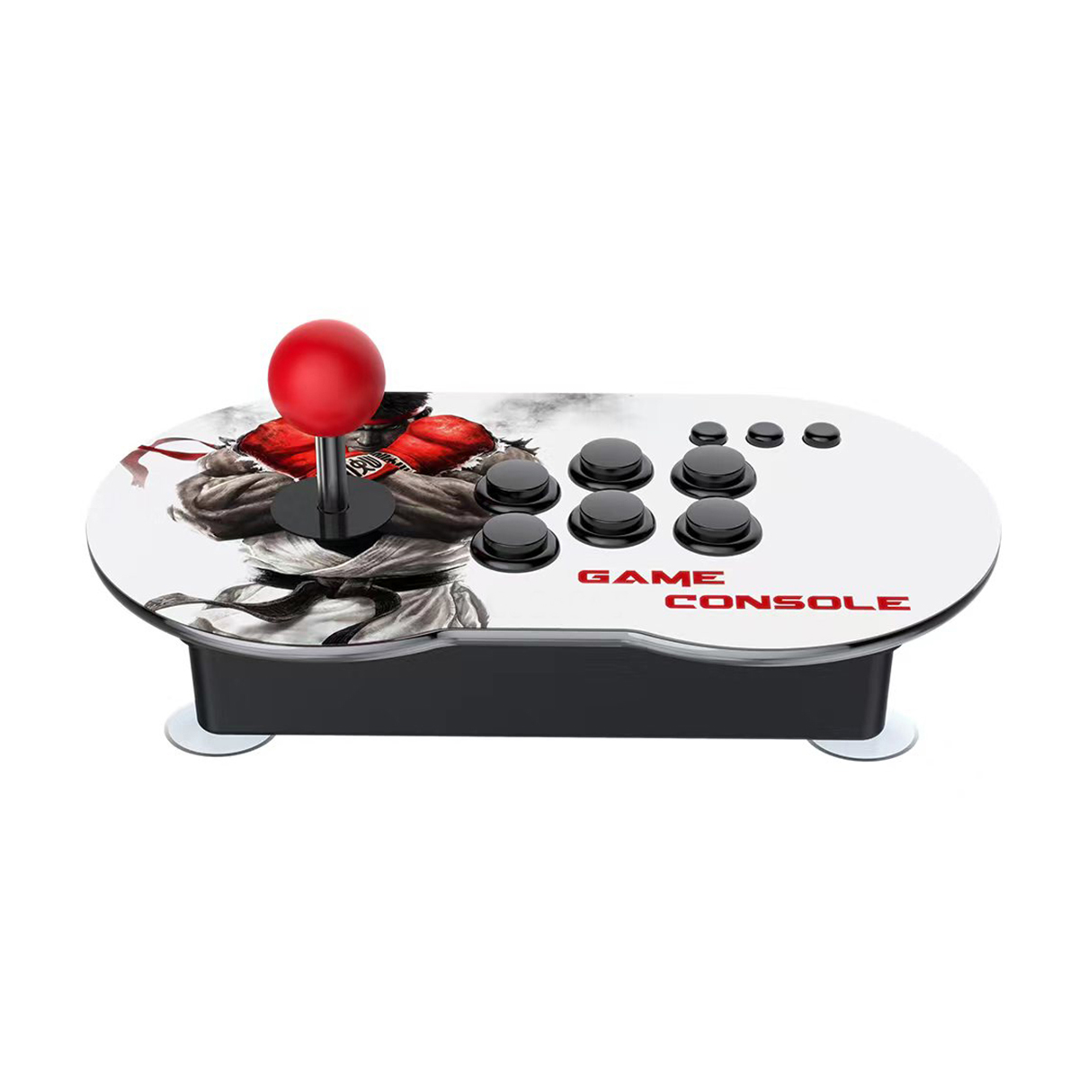 Consola de juegos con joystick y botones, con gráficos de juego en la superficie.