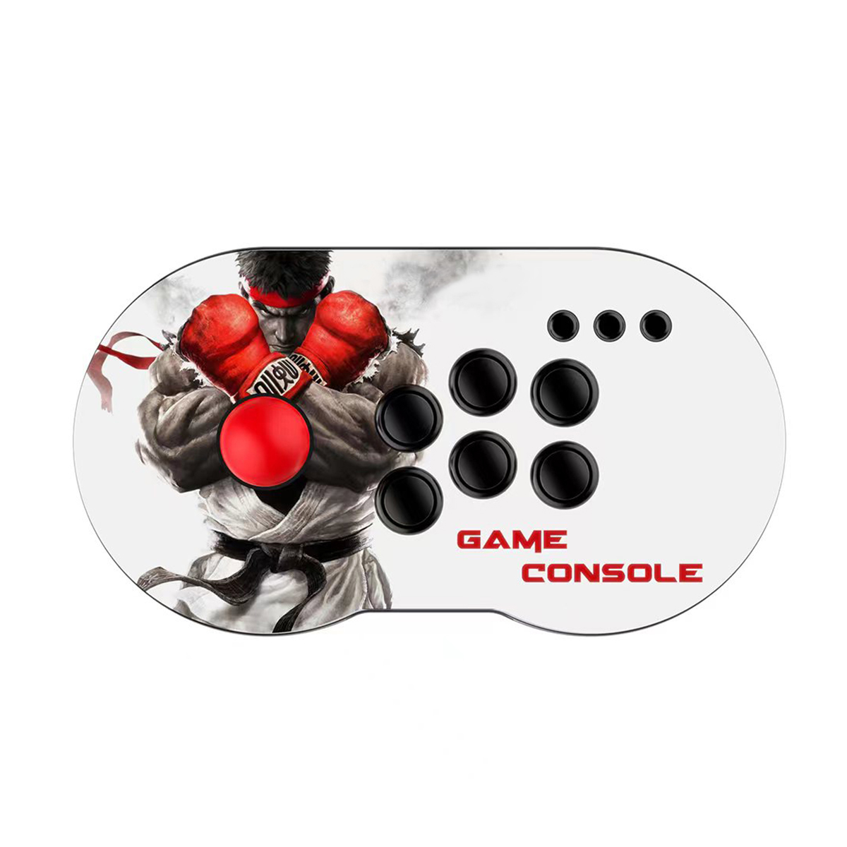 Vista superior de un controlador de consola de juegos con imagen de luchador y botones. Texto 'GAME CONSOLE'.