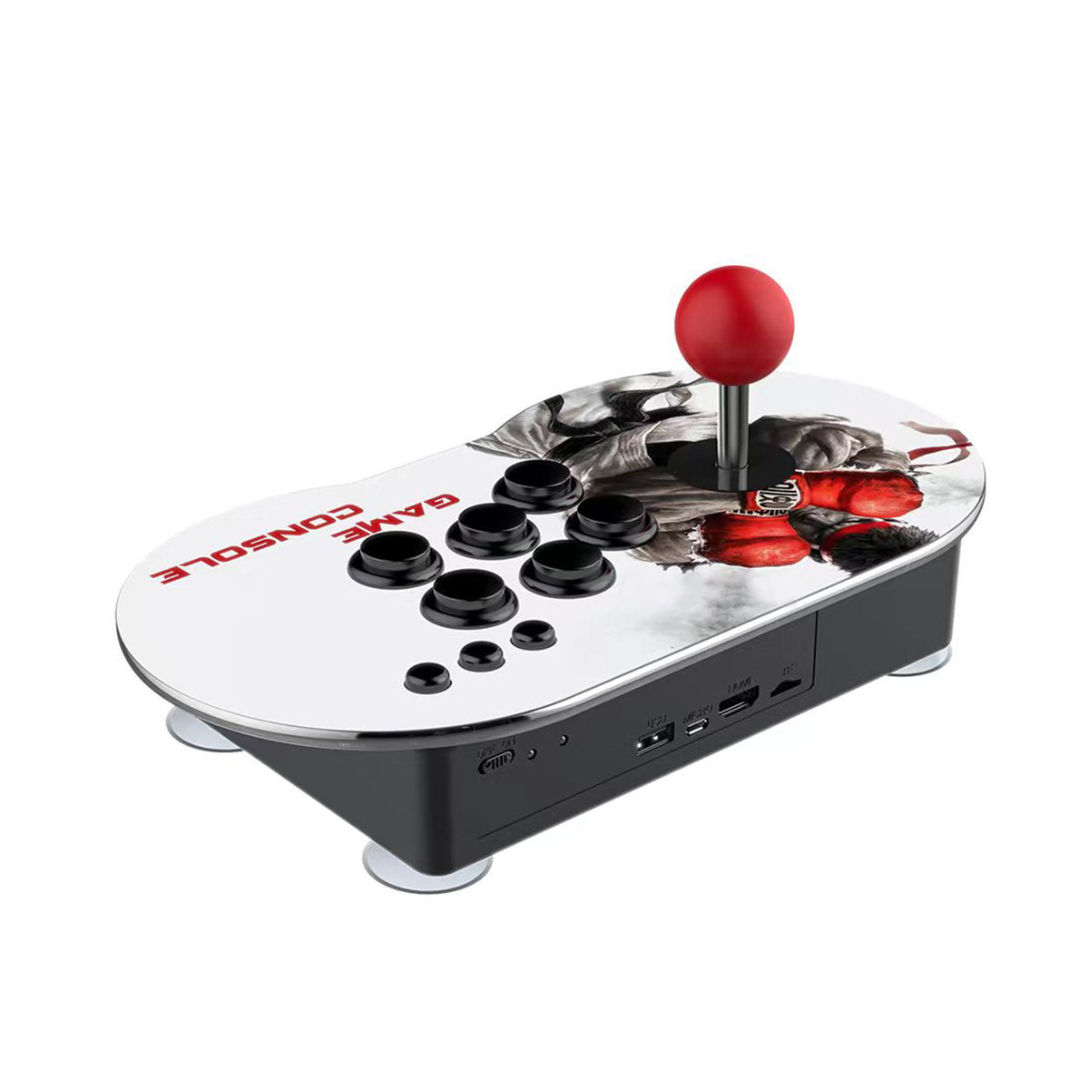 Consola de juegos blanca con joystick rojo y botones negros, sobre base negra. Diseño estilo arcade.