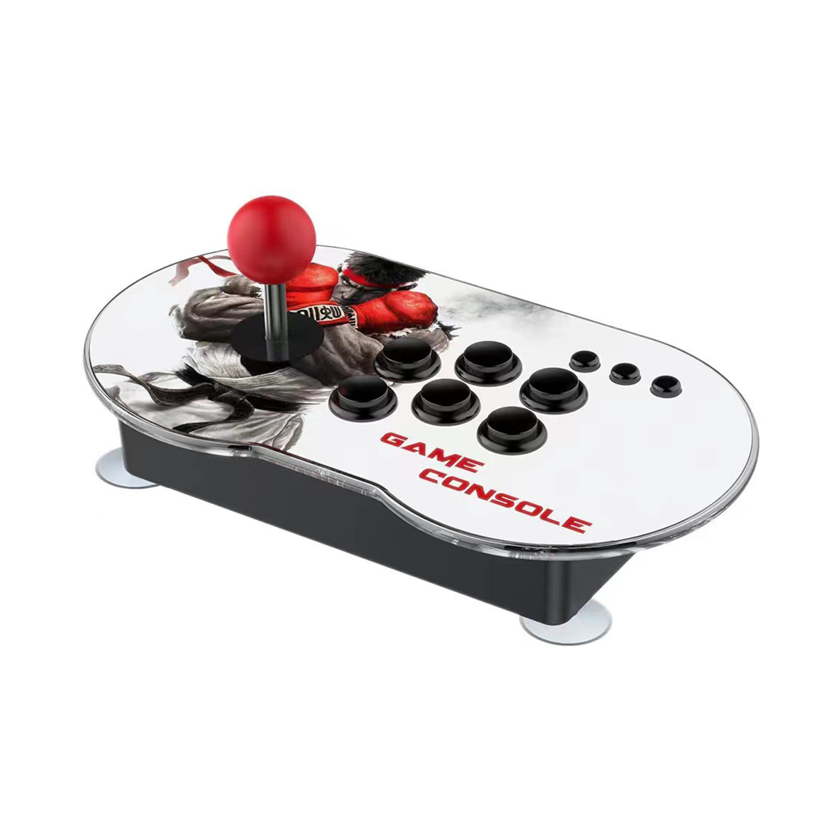 Un joystick de consola de juegos con una bola roja y botones negros, sobre una superficie blanca.
