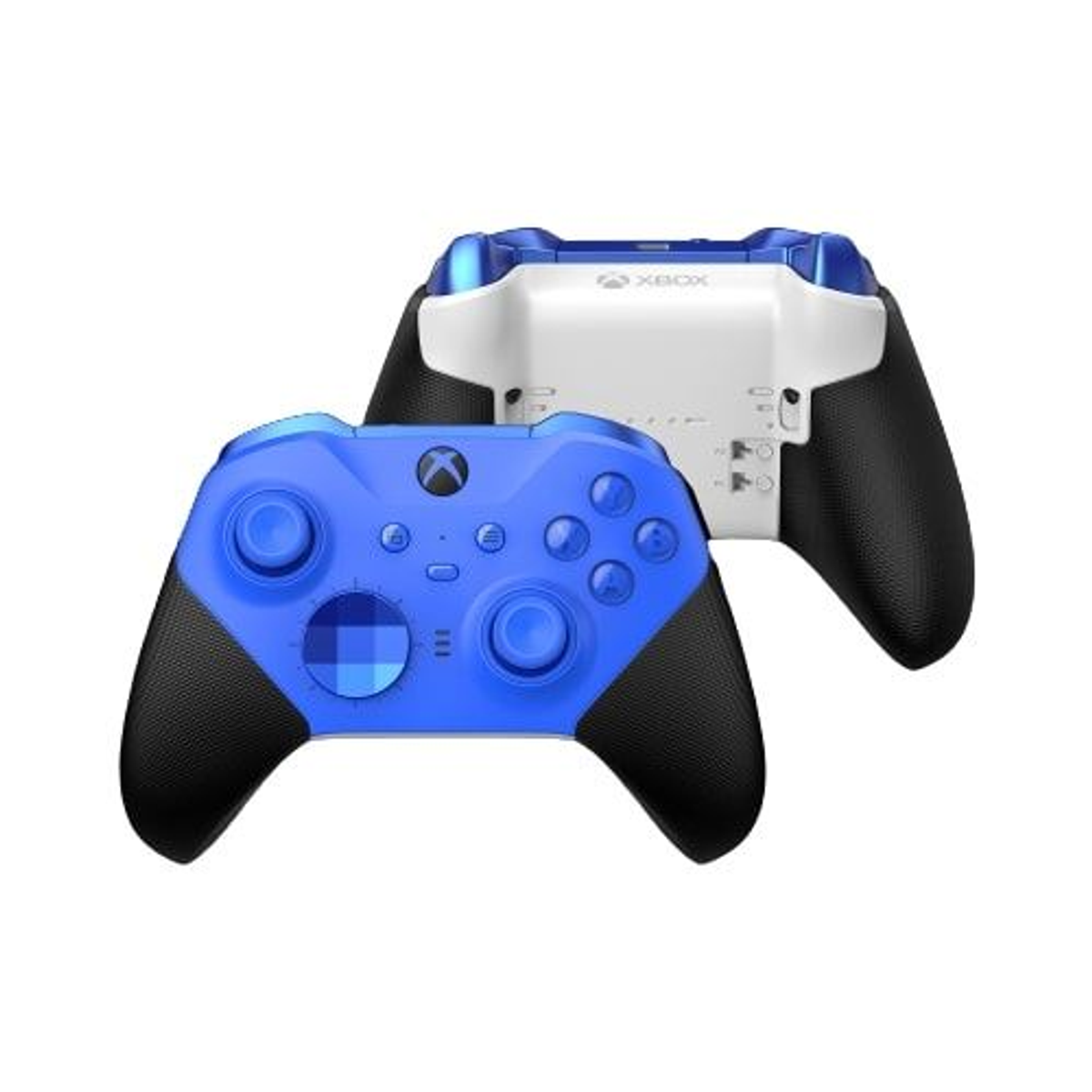 Dos mandos Xbox azules y negros, uno muestra el frente y el otro la parte trasera.