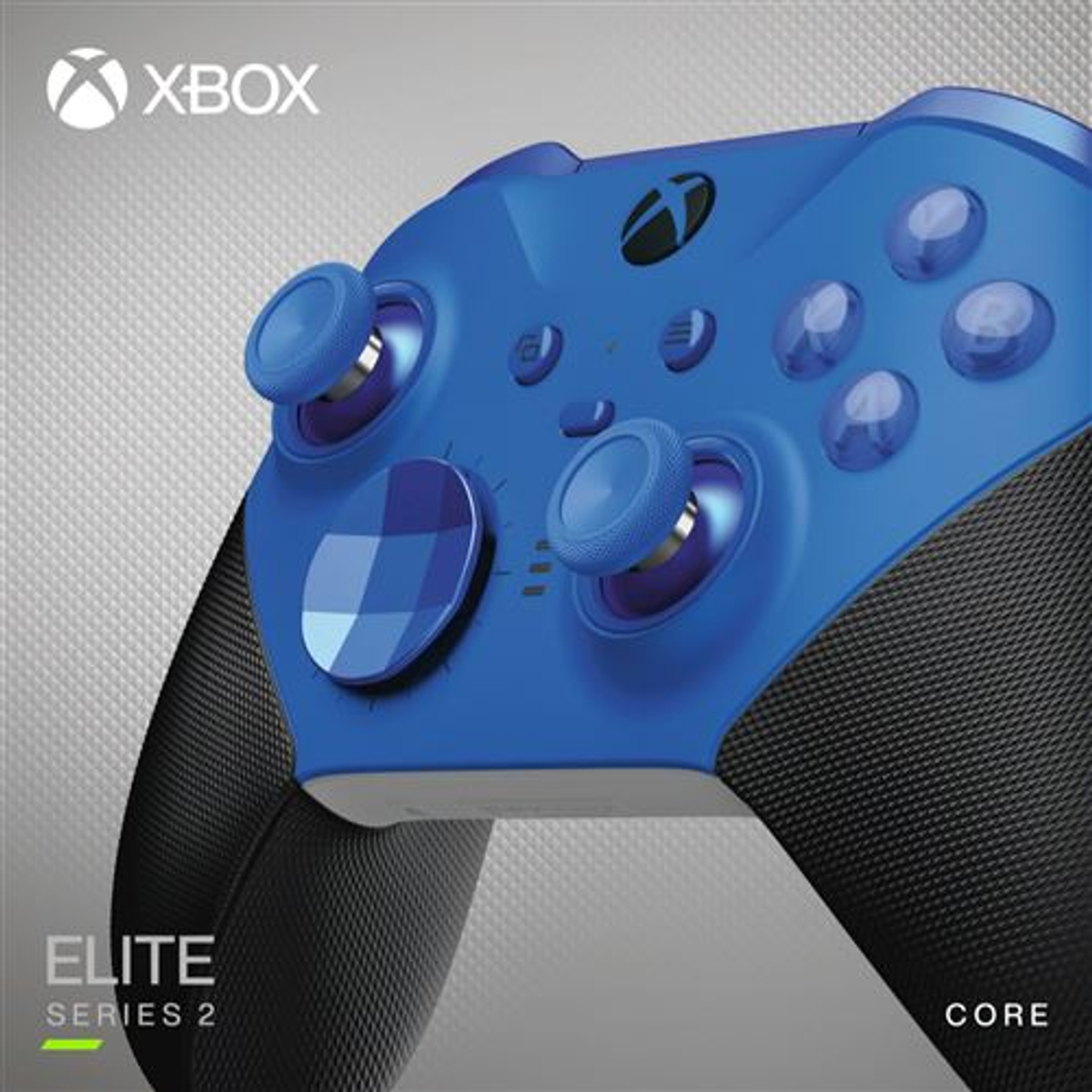 Mando azul Xbox Elite Series 2. Agarre negro, botones y joysticks azules. Fondo blanco.