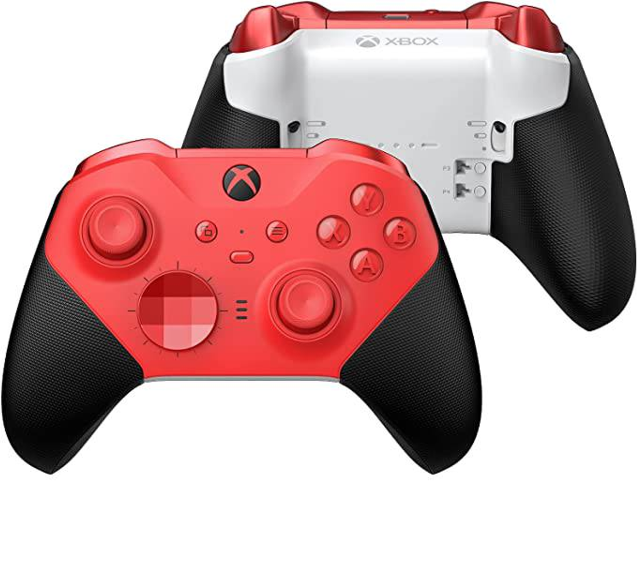 Dos mandos Xbox rojos y negros, uno frontal, otro trasero, sobre fondo blanco.