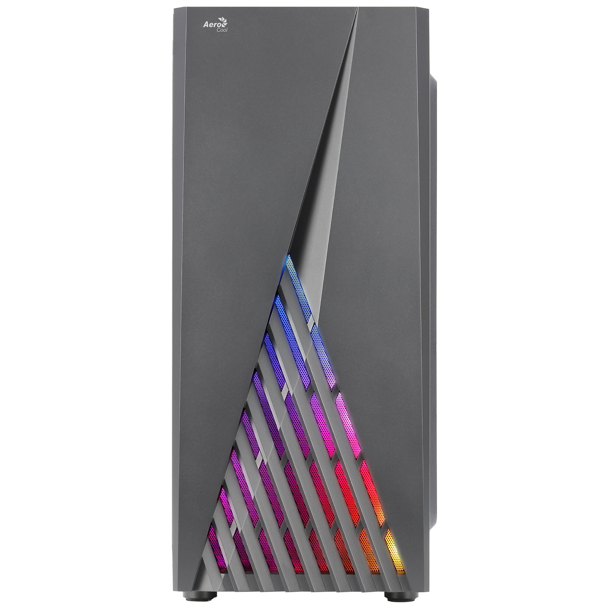Ciemnoszara obudowa komputera z oświetleniem RGB wzdłuż przedniego panelu, o kątowej konstrukcji.