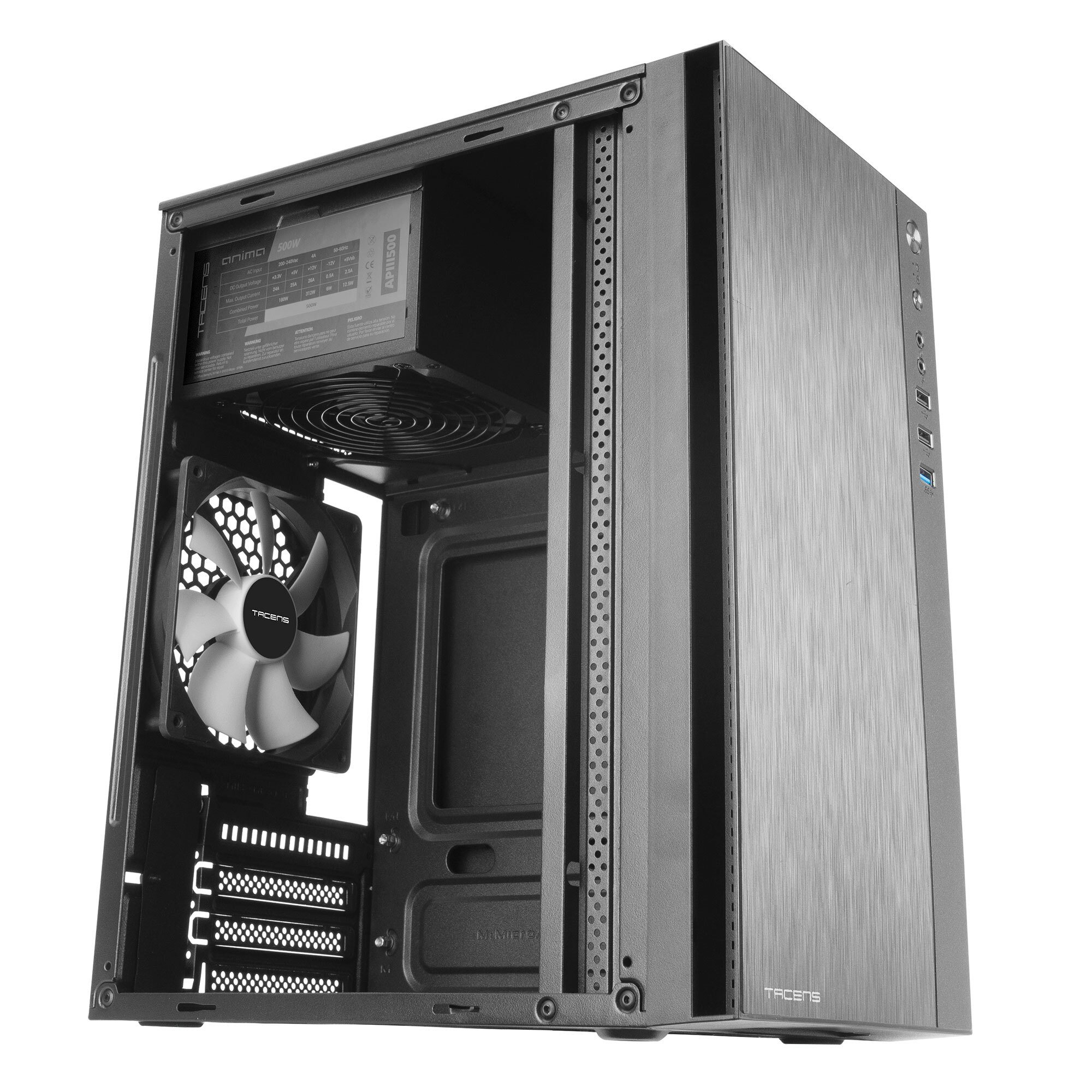 Un case per computer con ventola, alimentatore e pannello laterale aperto, vista angolata, colore grigio.