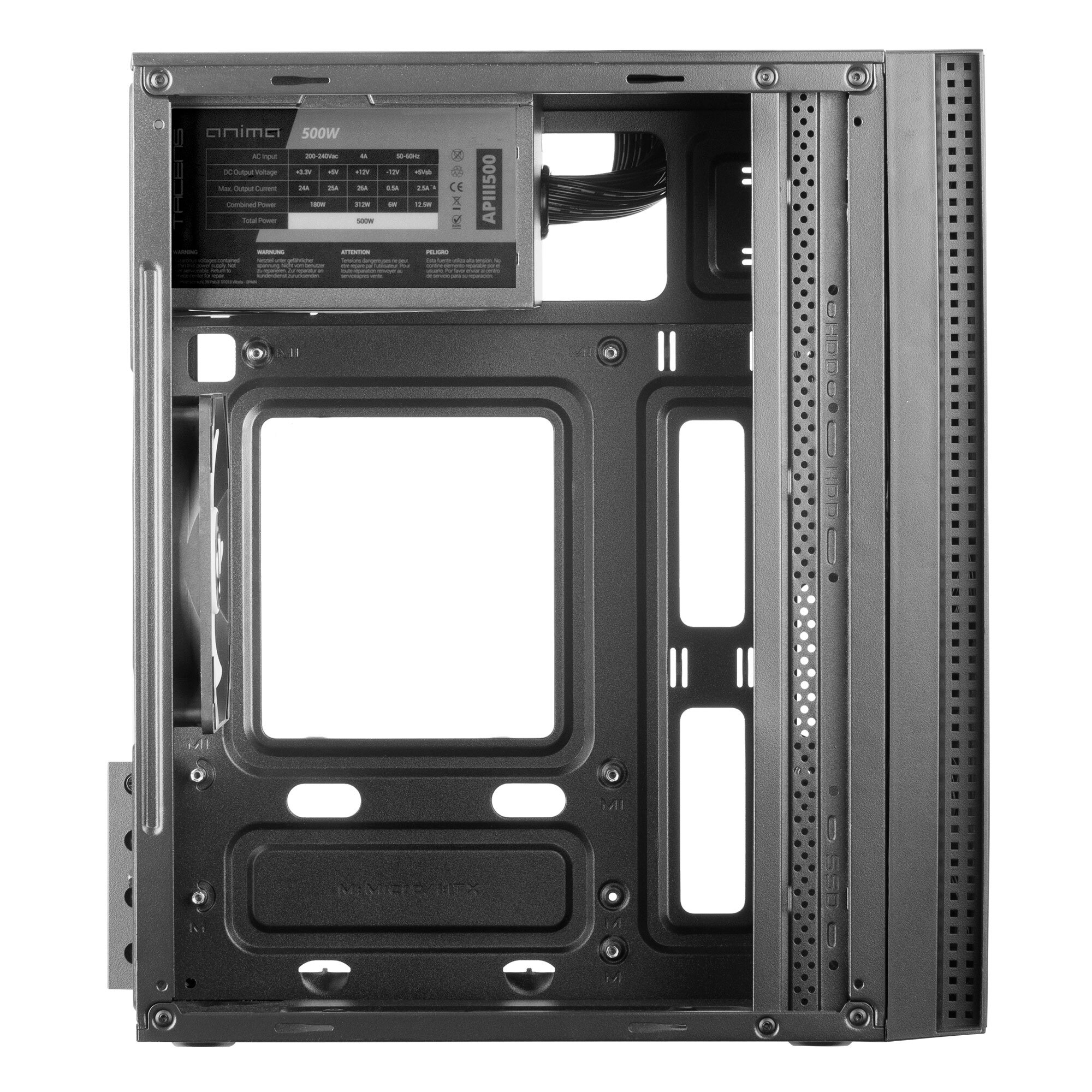 Interno del case del computer. Alimentatore e montaggio visibili.