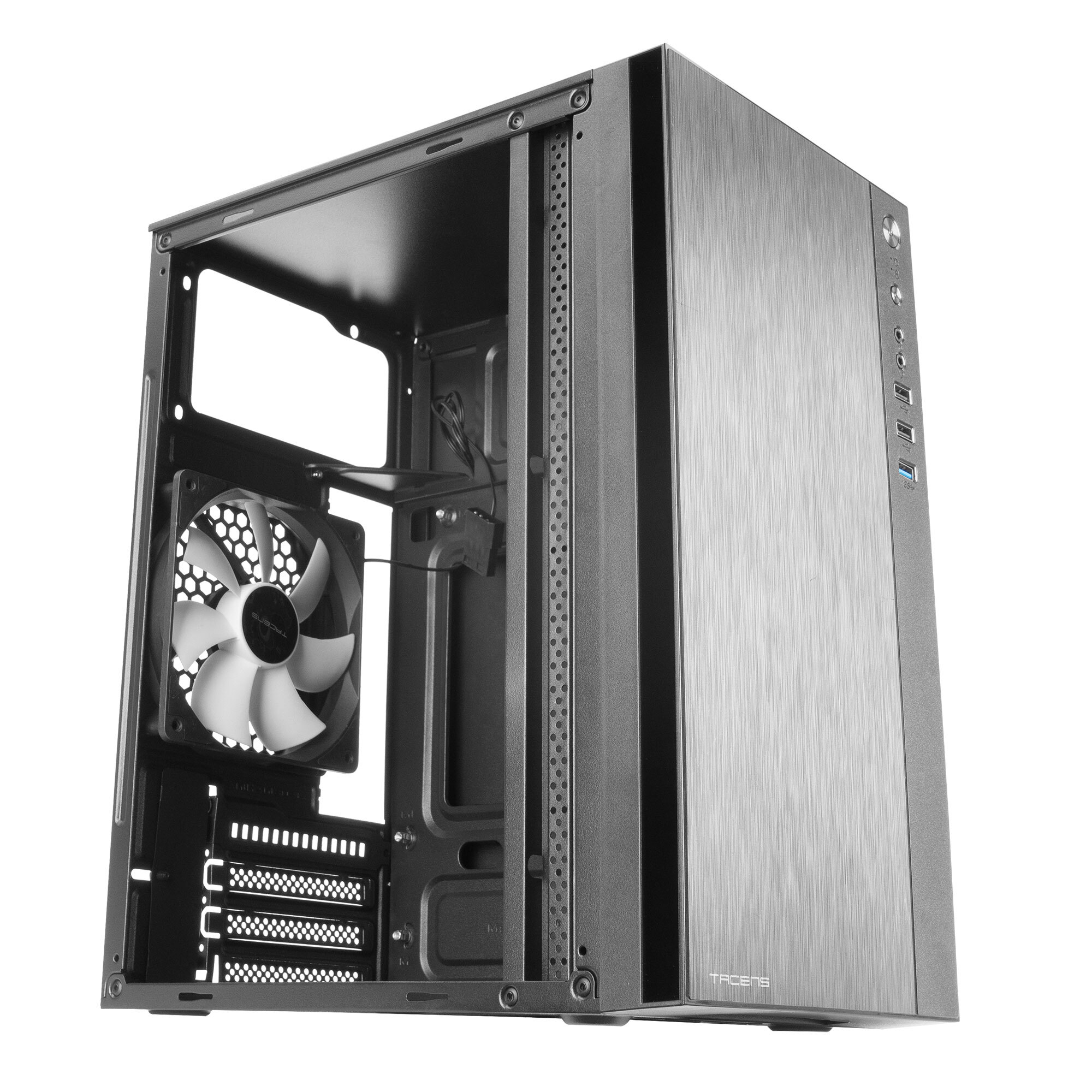 Caja de ordenador plateada, abierta con un ventilador dentro. La caja tiene un panel lateral y puertos.